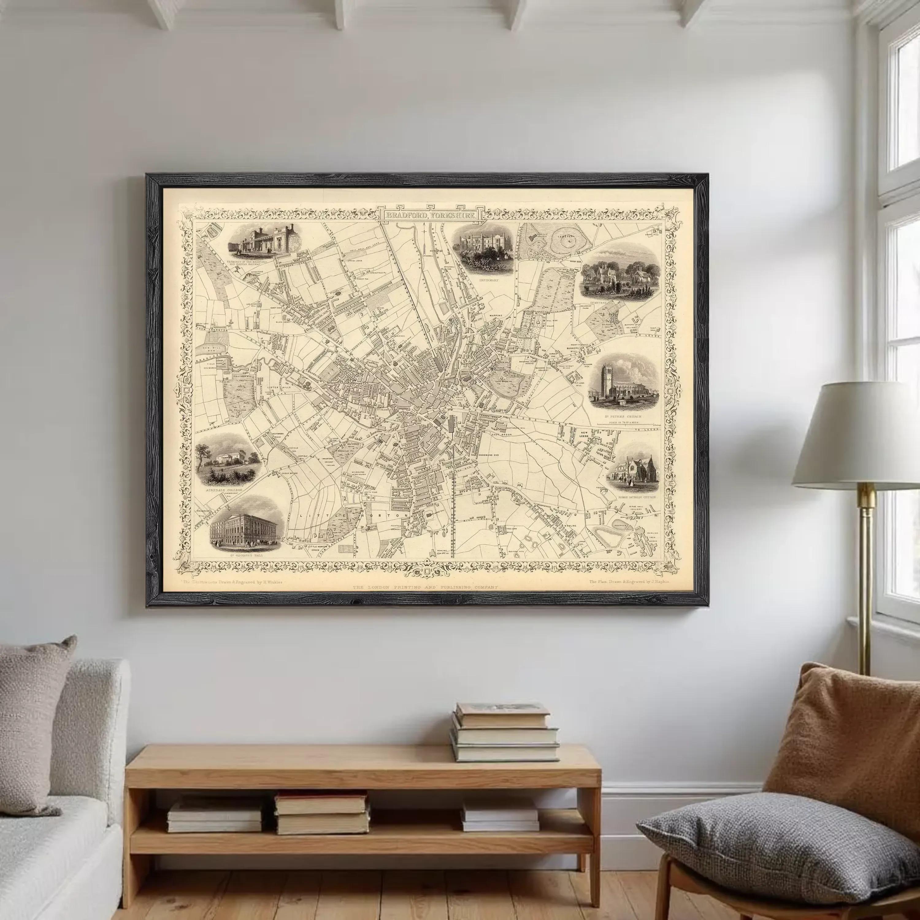 The image is a framed map of a city, with various landmarks and streets depicted in black and white.
