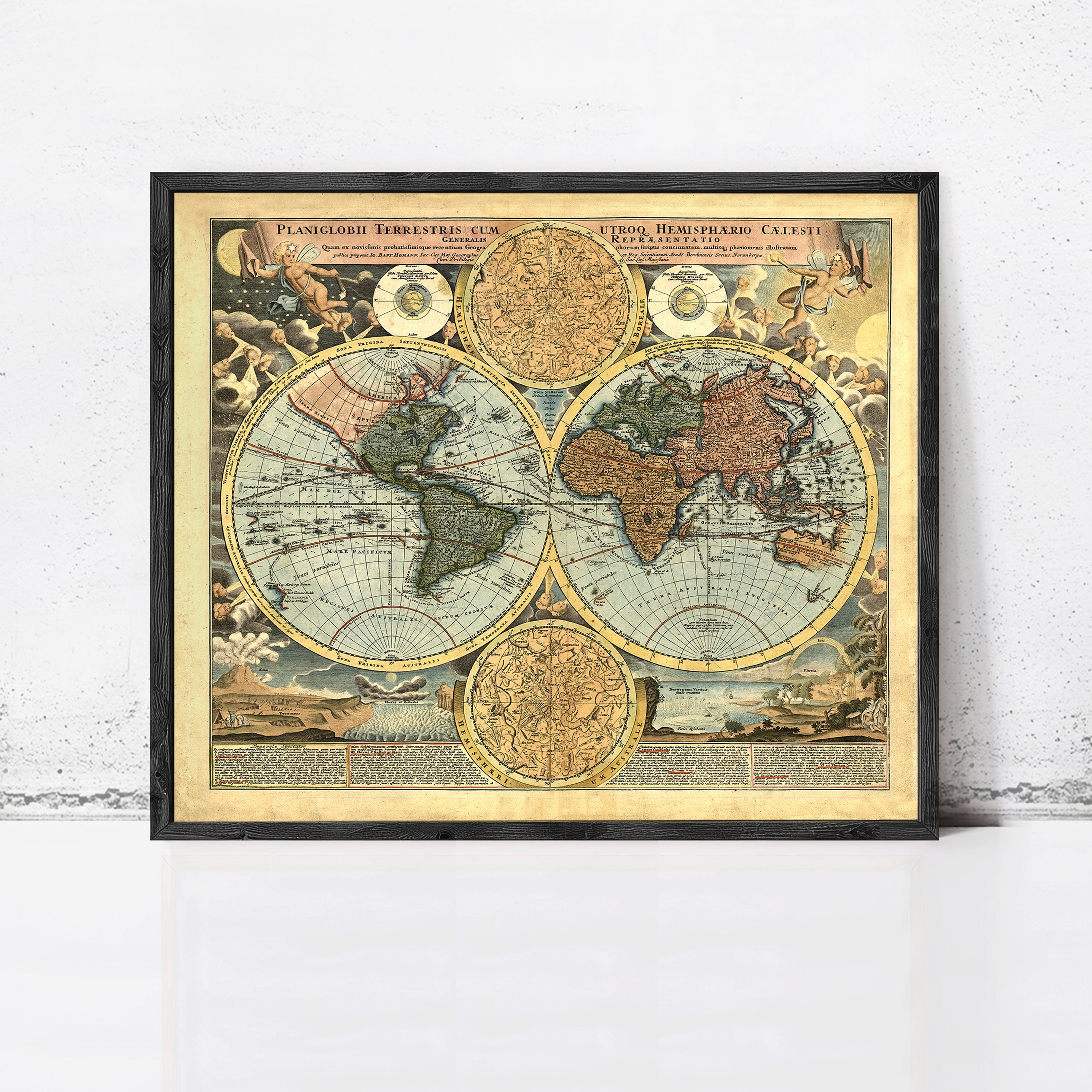 The image is a framed vintage map of the world, featuring intricate details and designs.