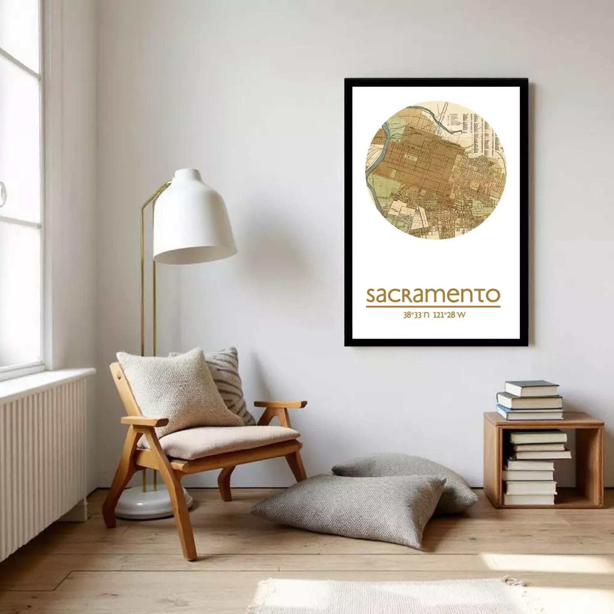 A framed map of Sacramento, California, with the city's location and coordinates printed on it.