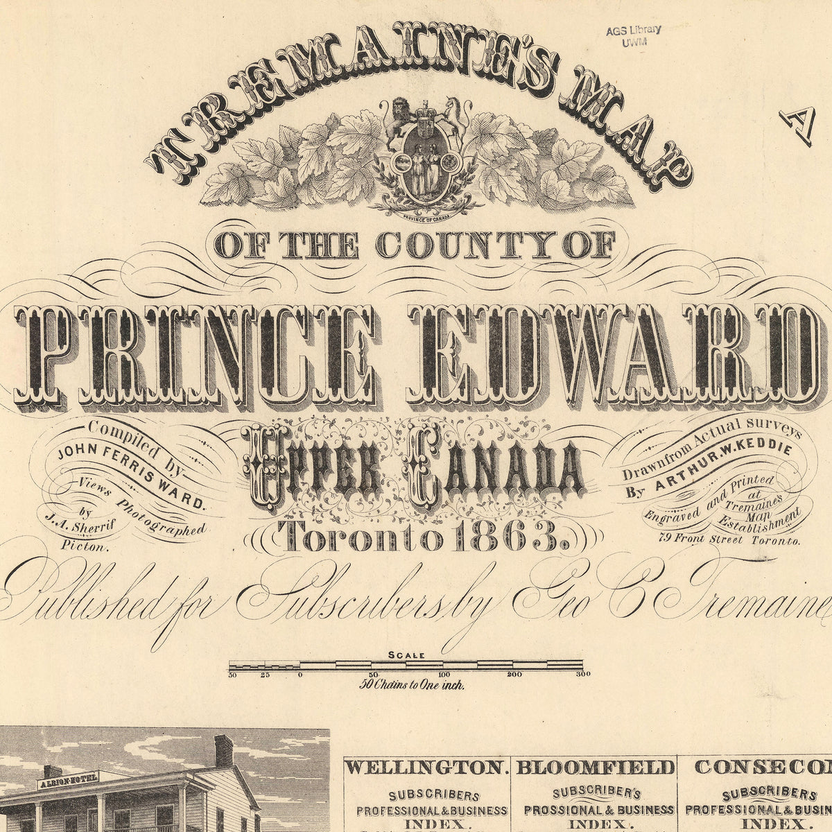 The image is a detailed map of Prince Edward County, Ontario, Canada, featuring ornate typography and illustrations of buildings.