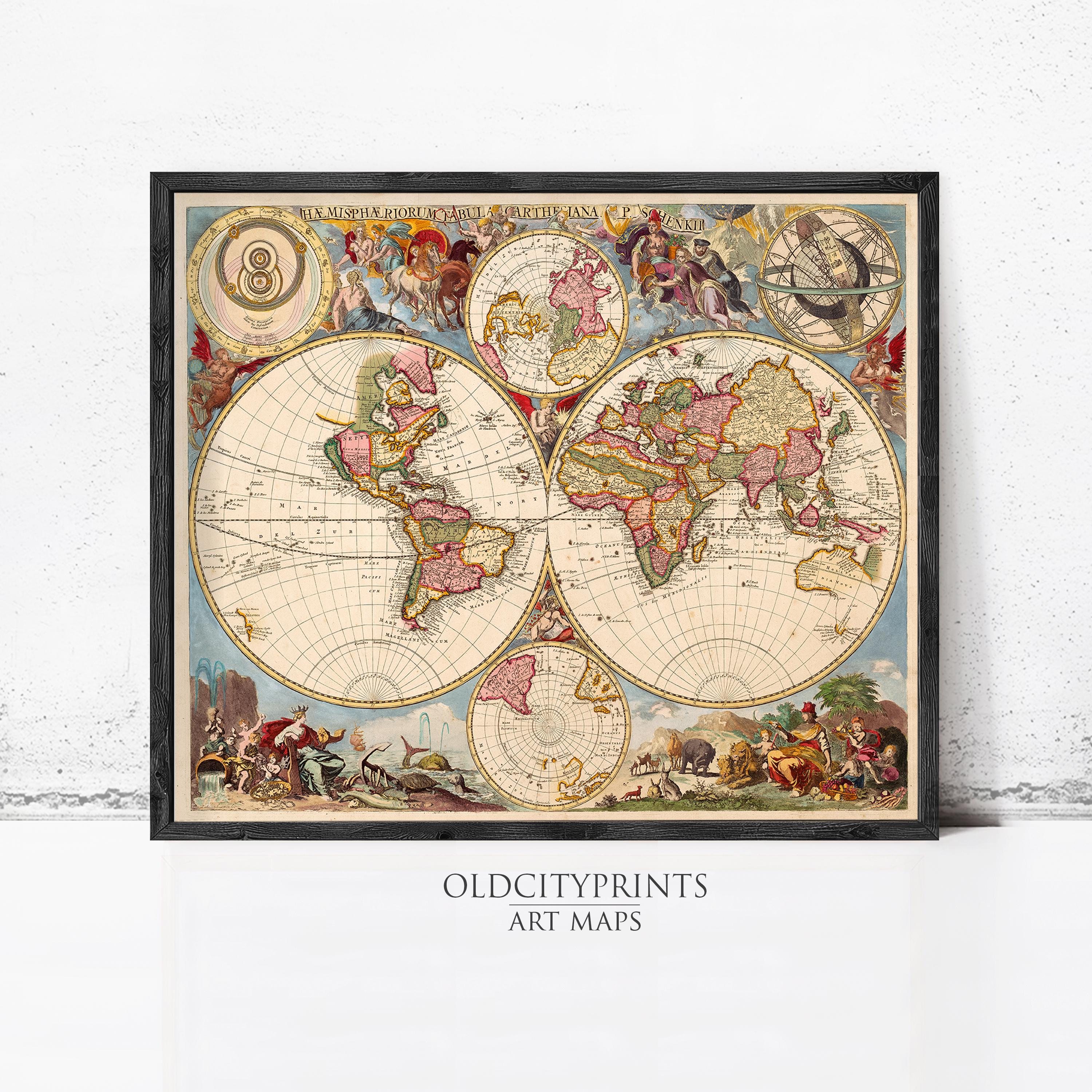 The image is a framed vintage map of the world, featuring intricate illustrations and detailed cartography.