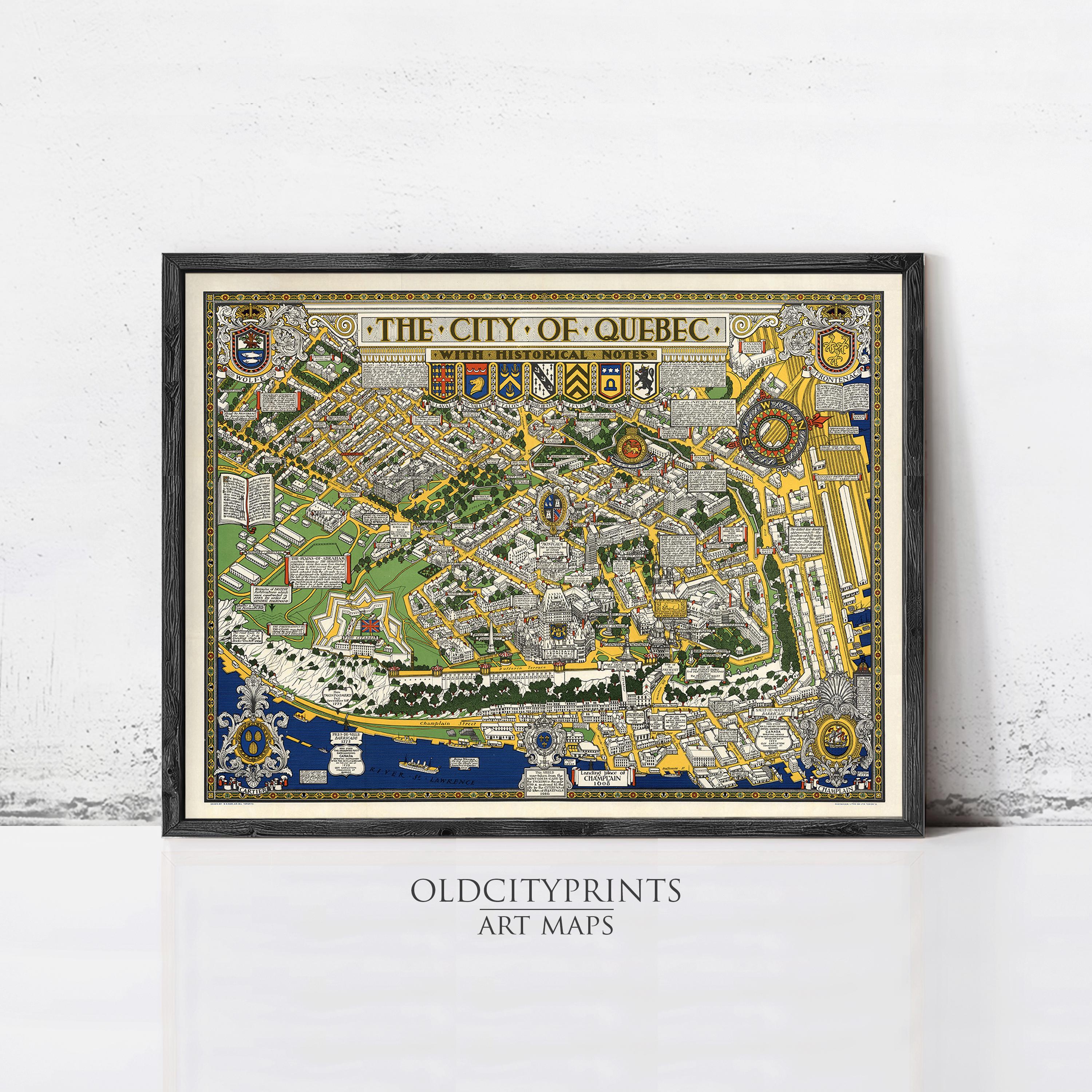 The image is a framed art print depicting a detailed map of the city of Quebec, Canada.