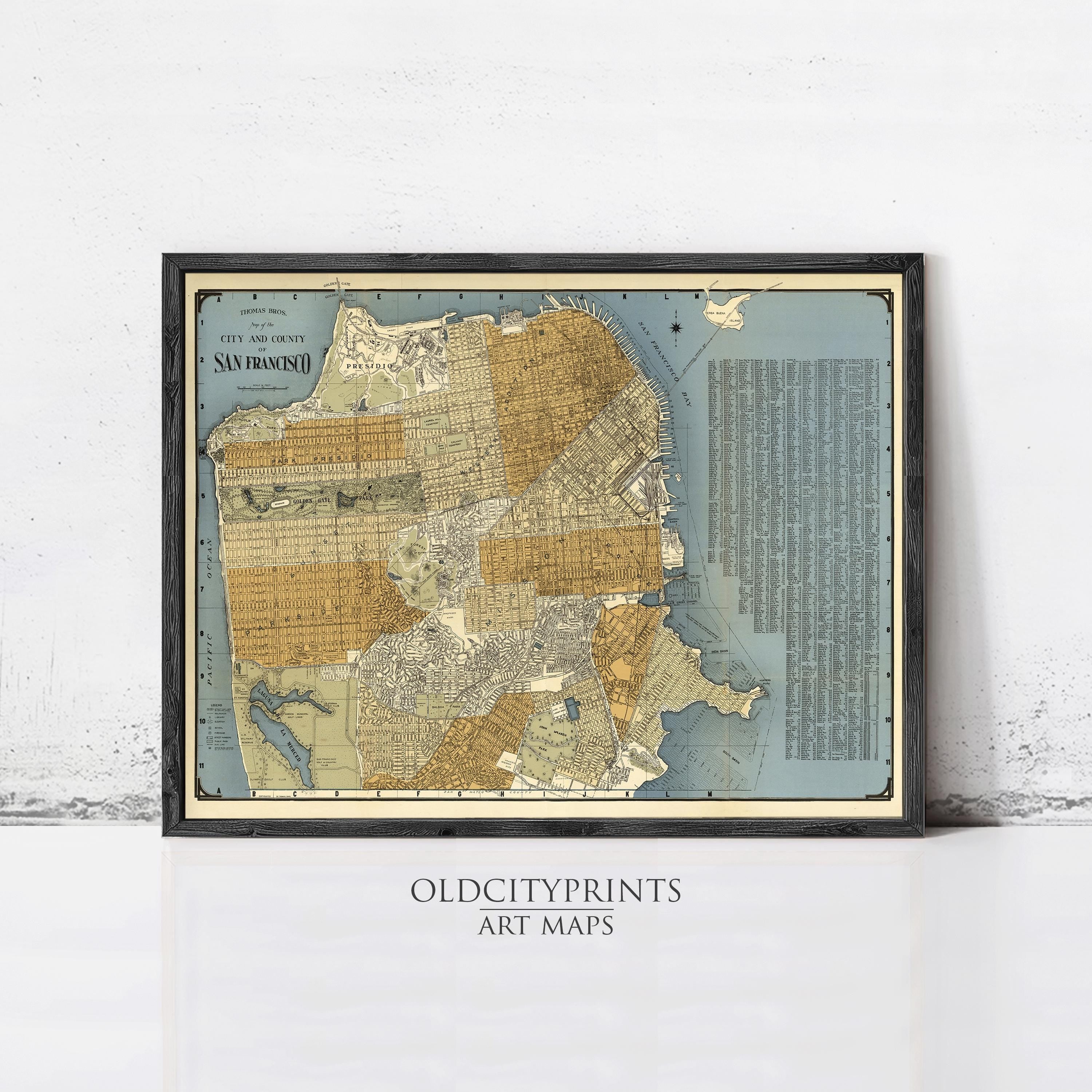 The image is a framed vintage map of San Francisco, California, with detailed street and area labels.