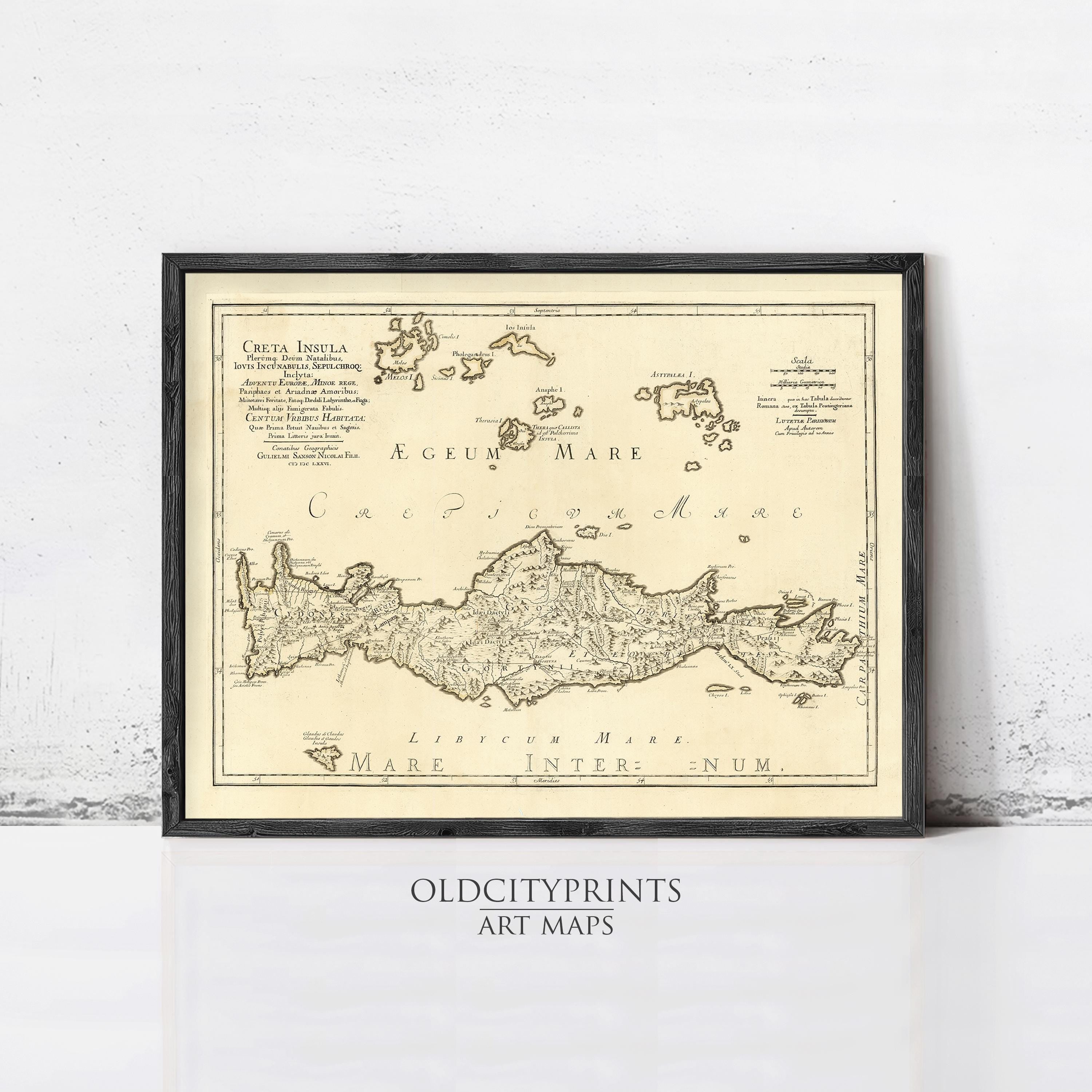 The image is a framed antique map of Crete, Greece, depicting the island of Crete and the surrounding areas.