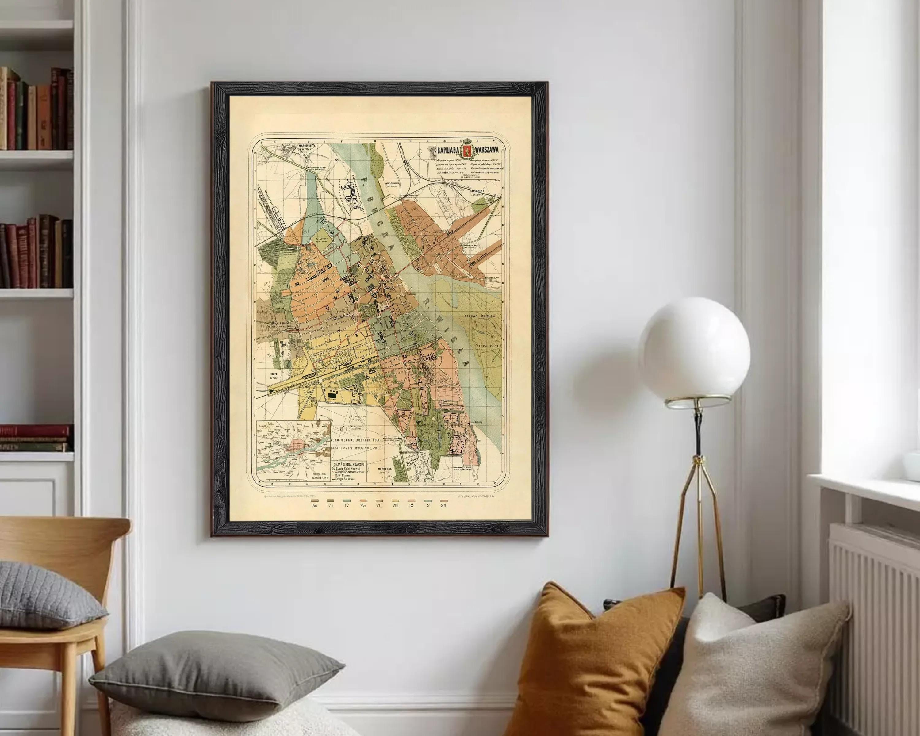 The image is a framed vintage map of a city, depicting various landmarks and streets.