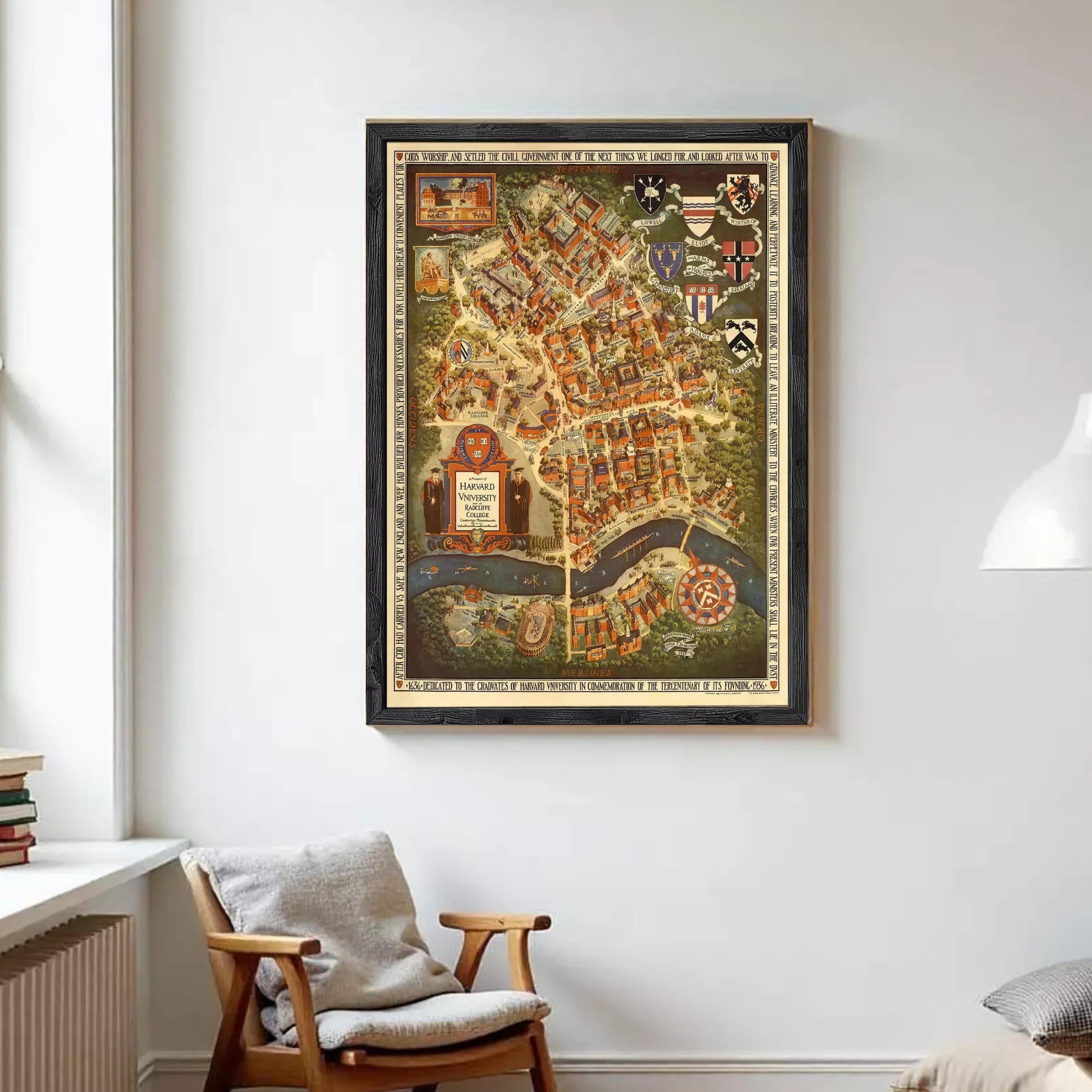 The image is a framed vintage map of a city, depicting various landmarks and streets.