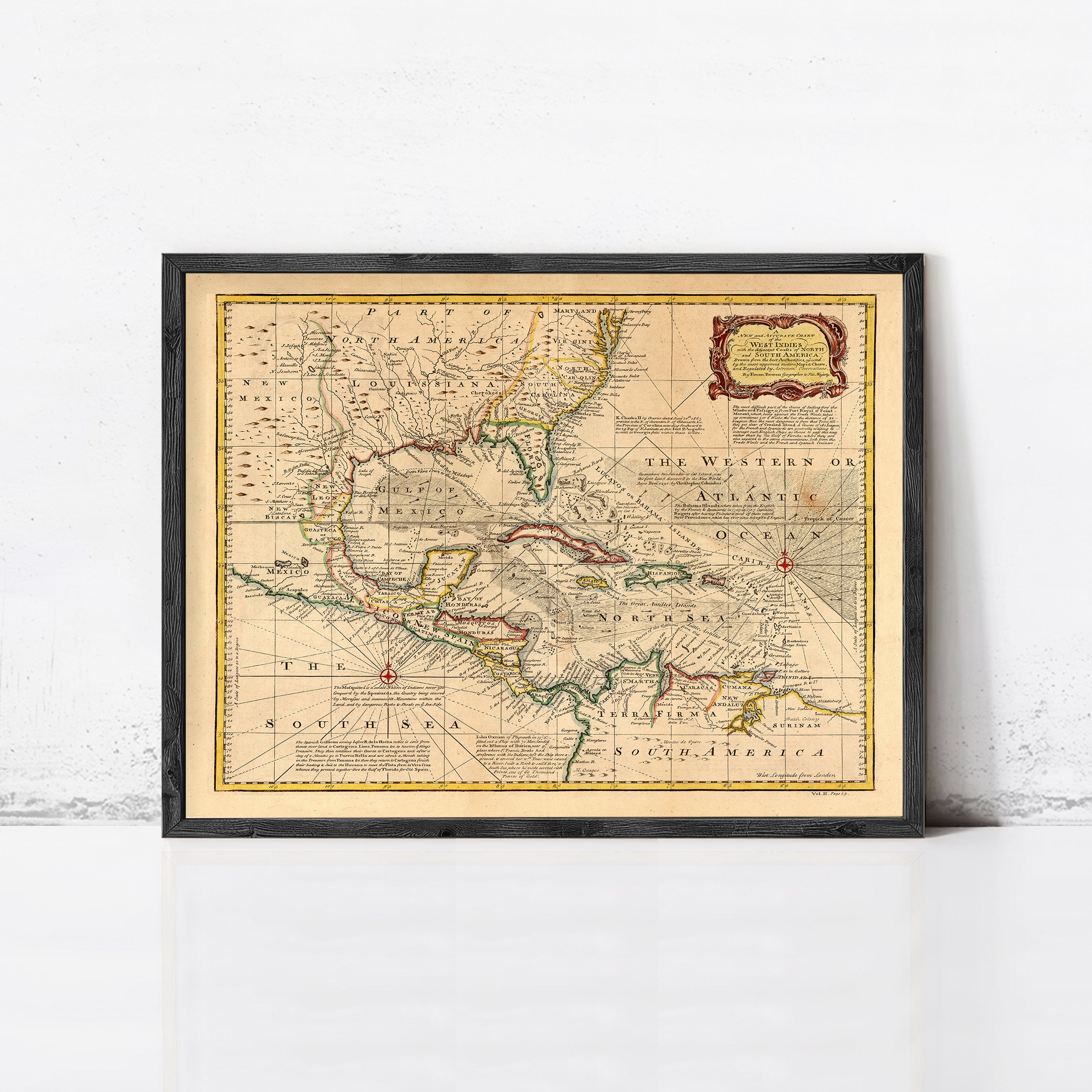 The image is a framed antique map of the Western Hemisphere, depicting the Americas, Europe, and Africa.