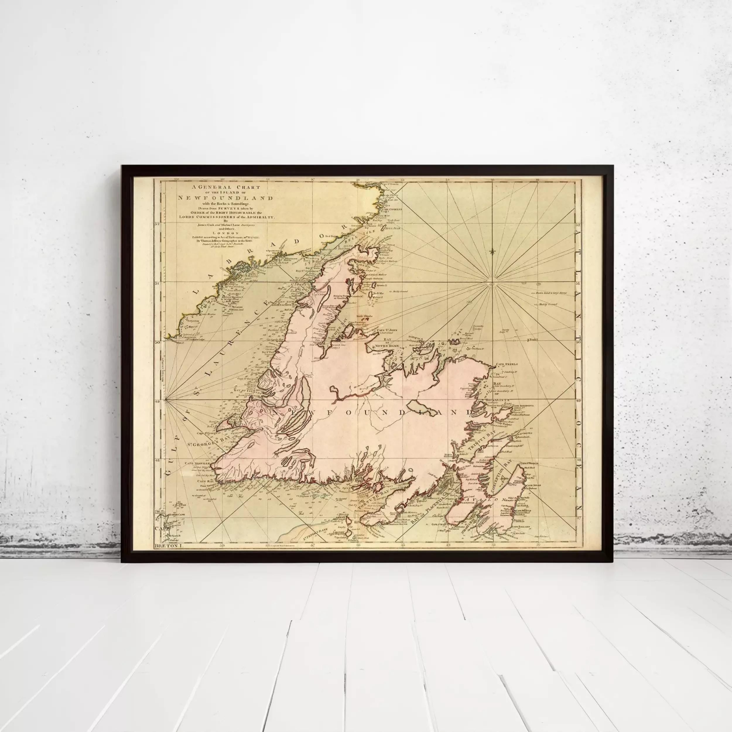 The image is a framed historical map of New England, depicting the region in a vintage style.