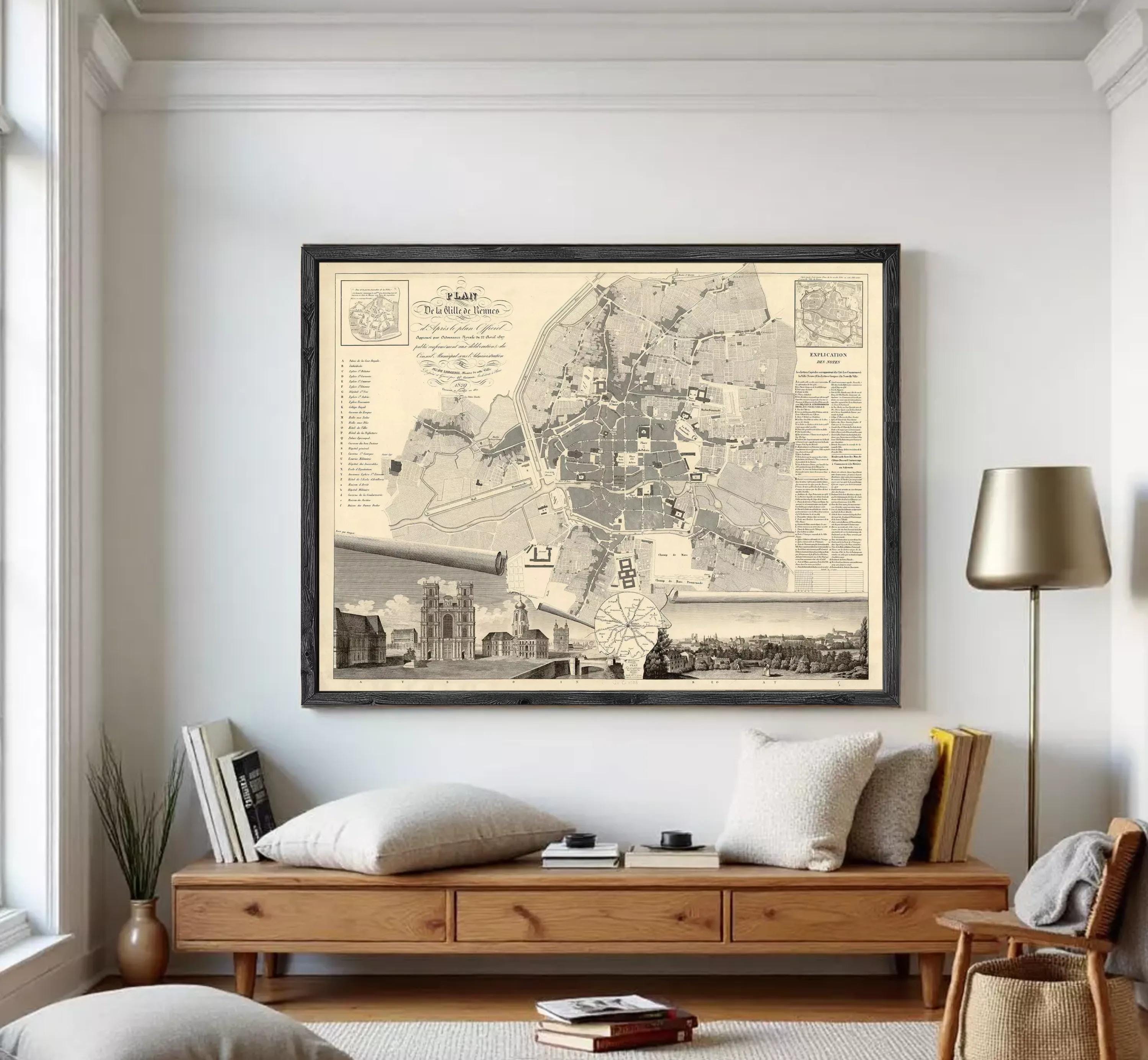 The image is a framed vintage map of a city, depicting various landmarks and streets.