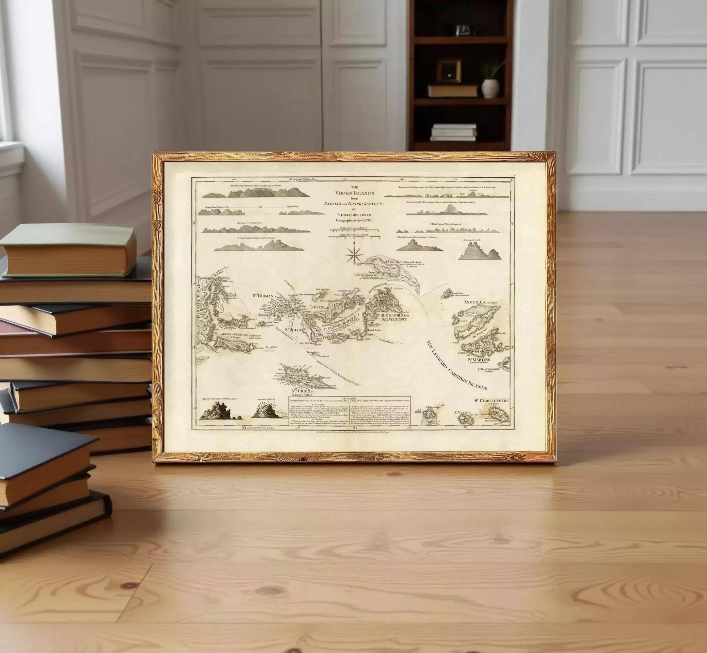a framed map of the Caribbean region, with various islands and geographical features depicted.