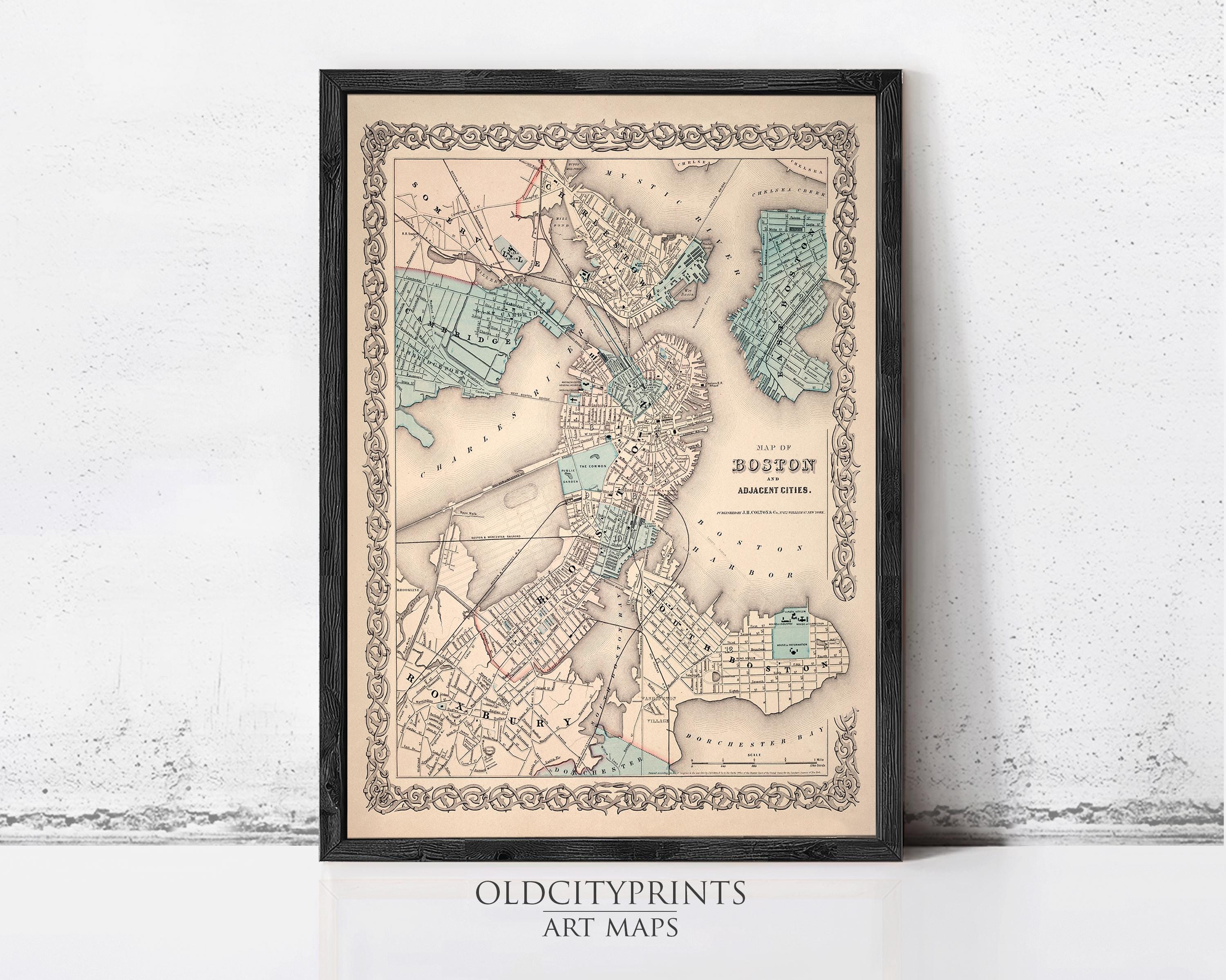 The image is a framed vintage map of Boston, Massachusetts, with a decorative border.