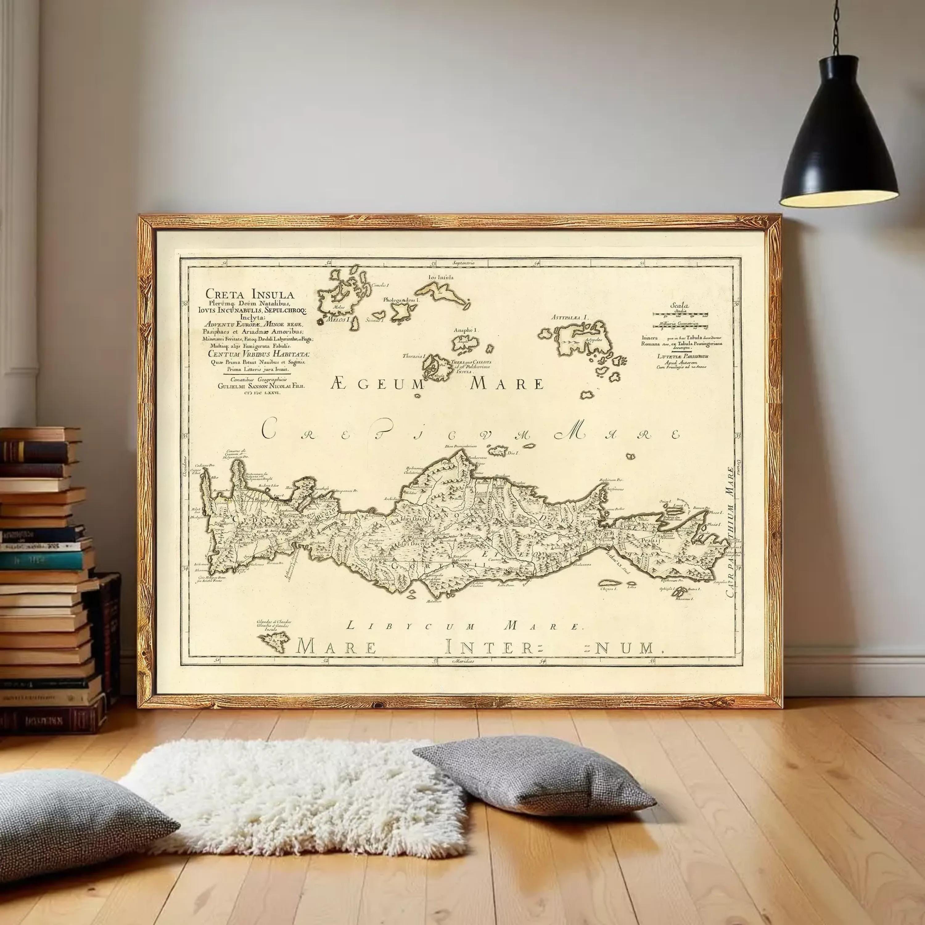 The image is a framed antique map of Crete, Greece, with a vintage appearance.