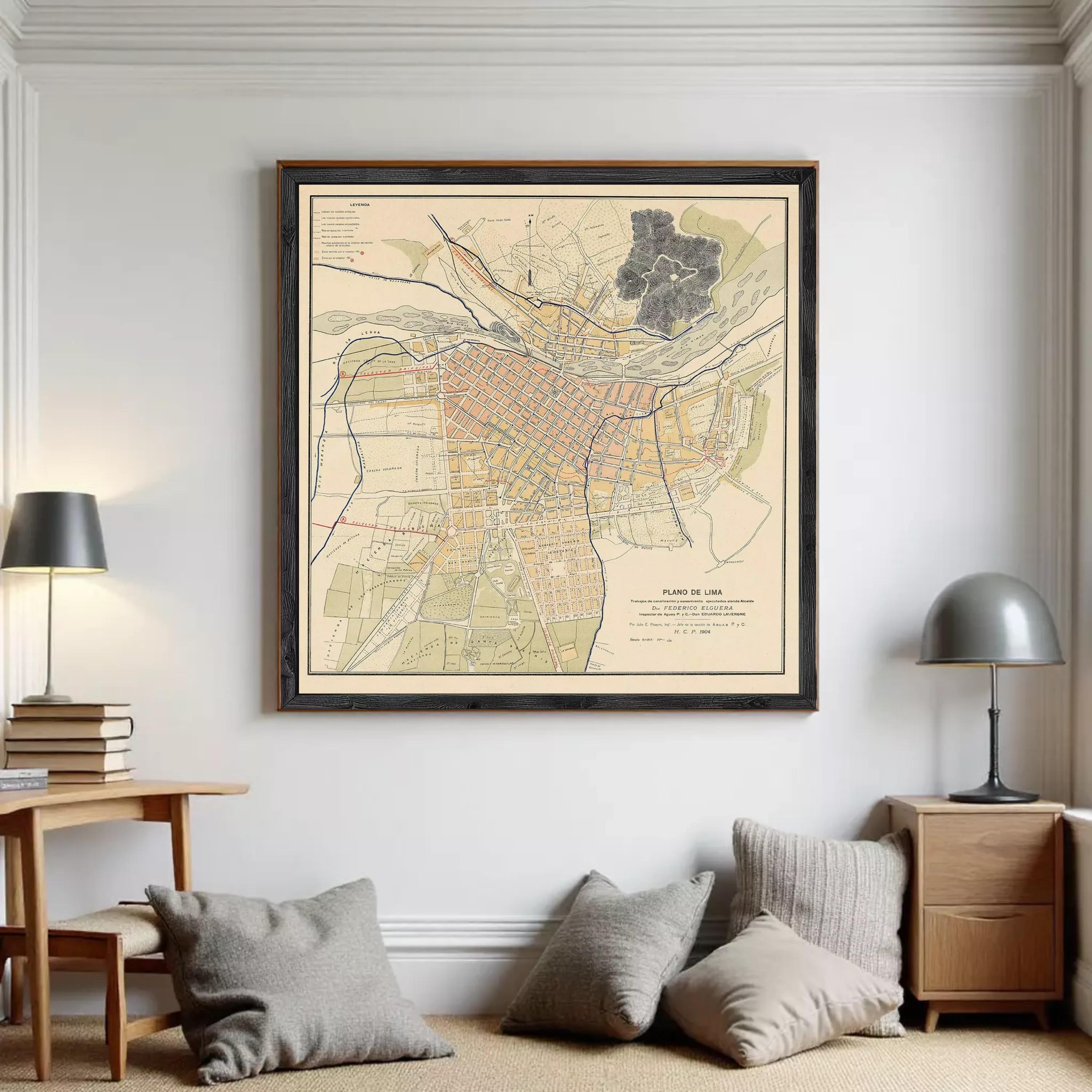 The image is a framed map of a city, depicting various streets, landmarks, and geographical features.