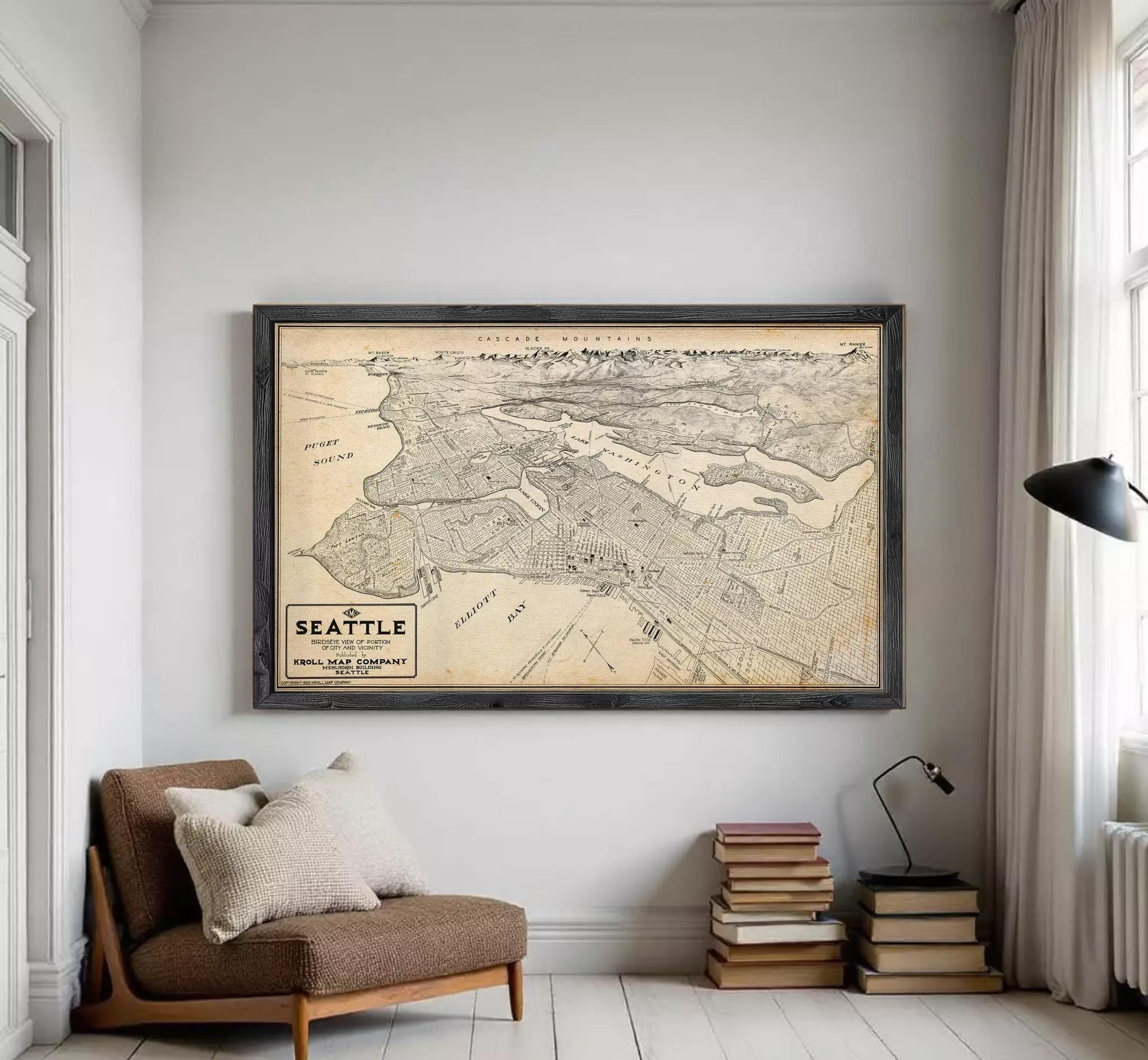 The image is a framed map of Seattle, Washington, with the text "SEATTLE" and "KROLL META COMPANY" visible.