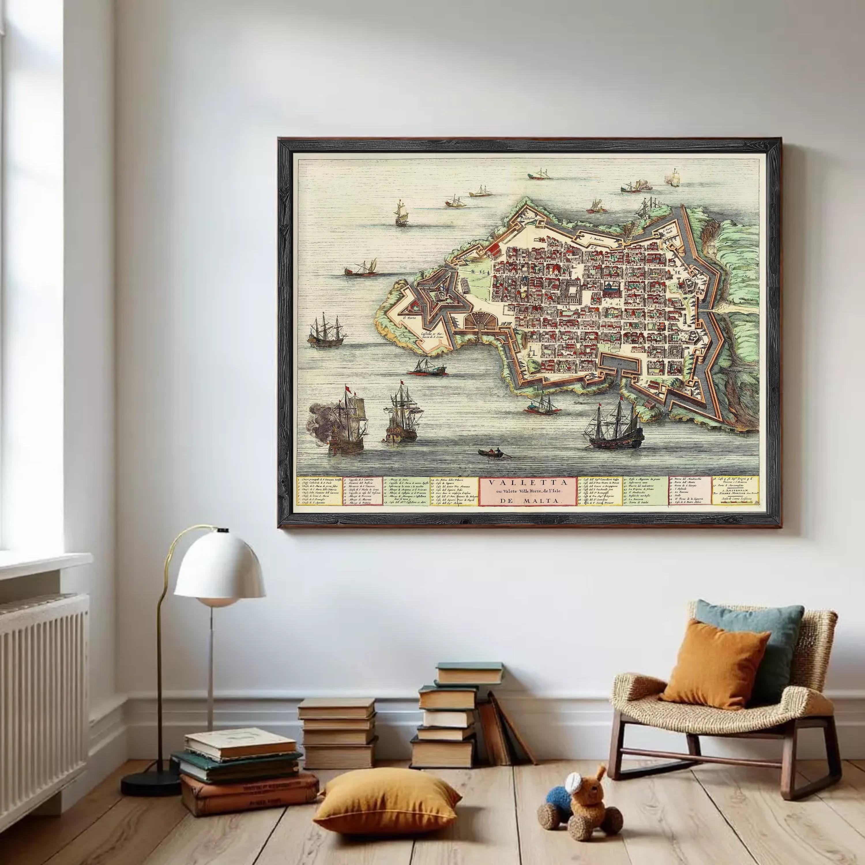 The image is a framed vintage map of a coastal city, depicting various ships and boats in the surrounding waters.