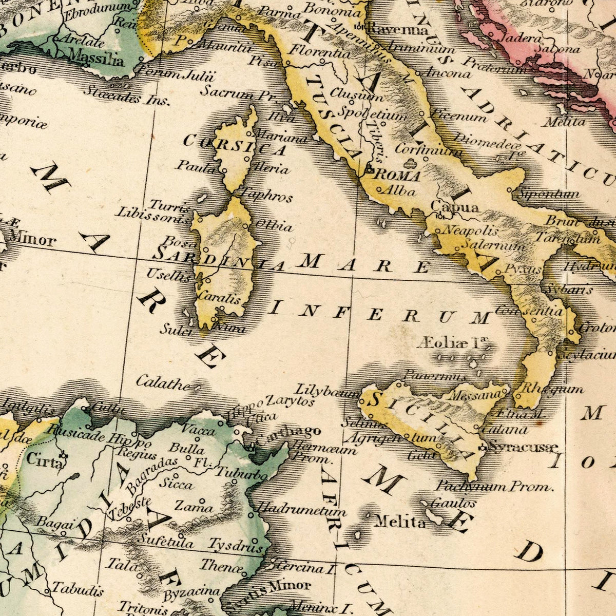 The image is a vintage map of the Mediterranean region, showing the coastline, islands, and surrounding areas.