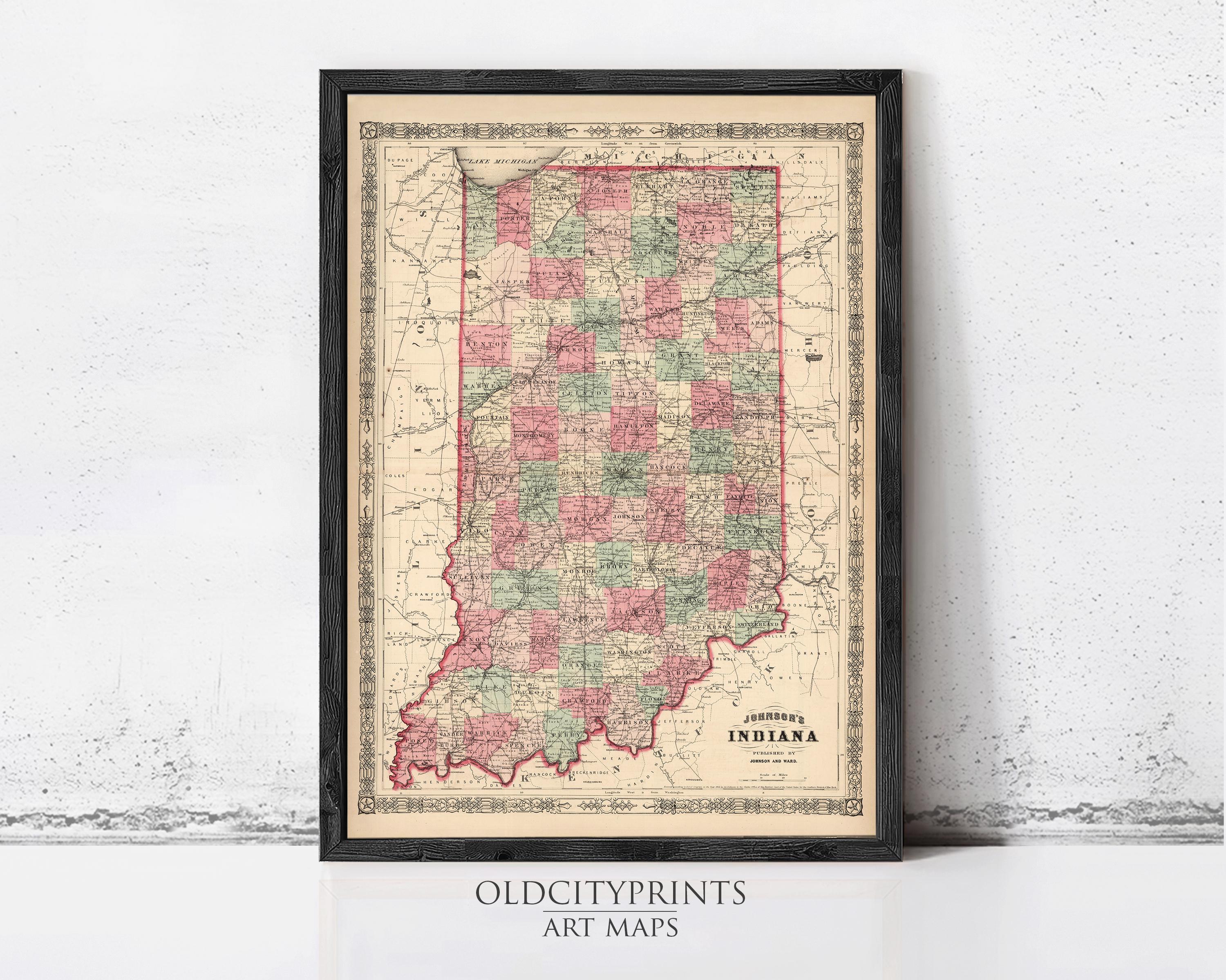 The image is a framed vintage map of Indiana, with a black border and a beige background.