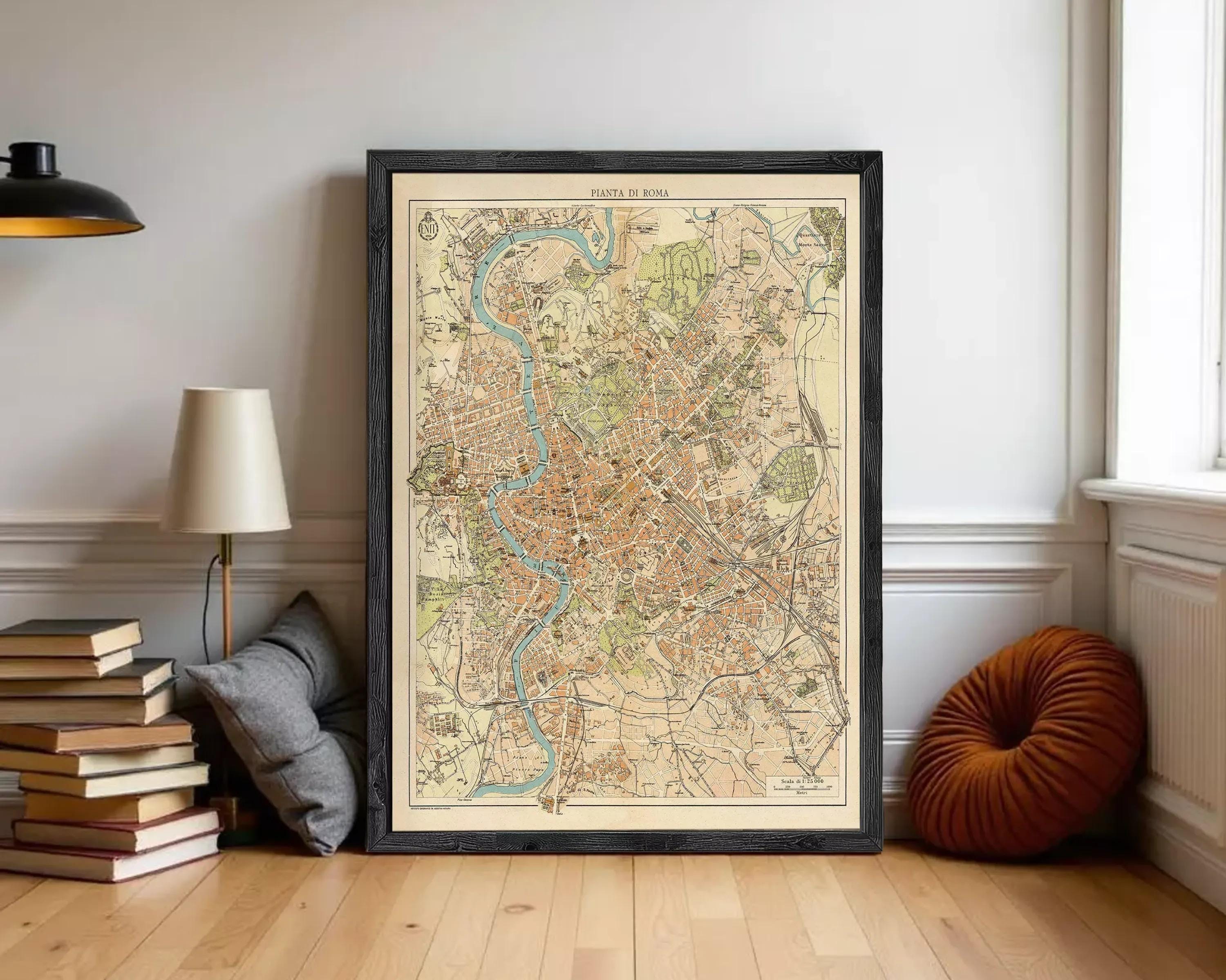The image is a framed vintage map of Rome, Italy, depicting the city's layout and surrounding areas.