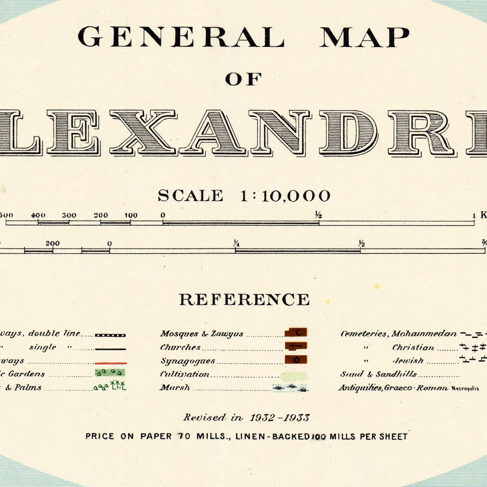 The image is a general map of the city of Alexandria, which is a city in ancient Egypt. The map is in black and white and provides scale information.