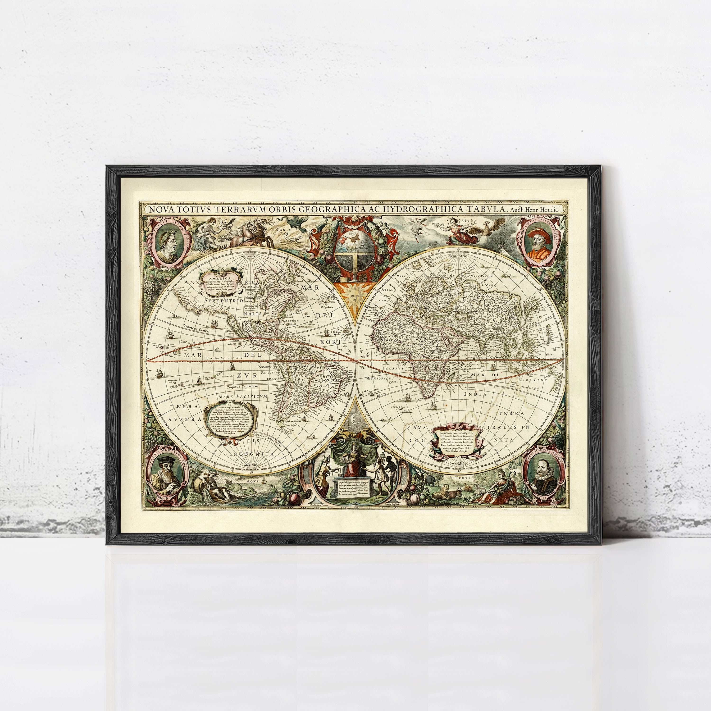 The image is a framed vintage map of the world, depicting the continents and oceans in a detailed and intricate manner.