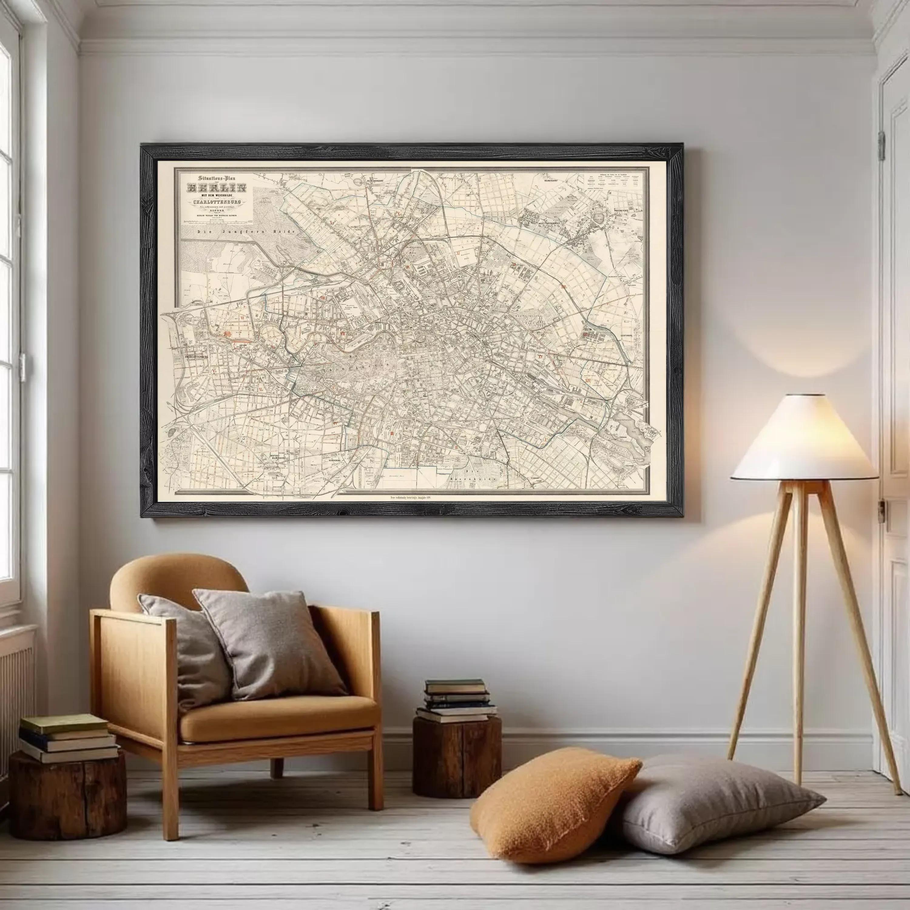 The image is a framed vintage map of Berlin, Germany, depicting the city's streets and landmarks.