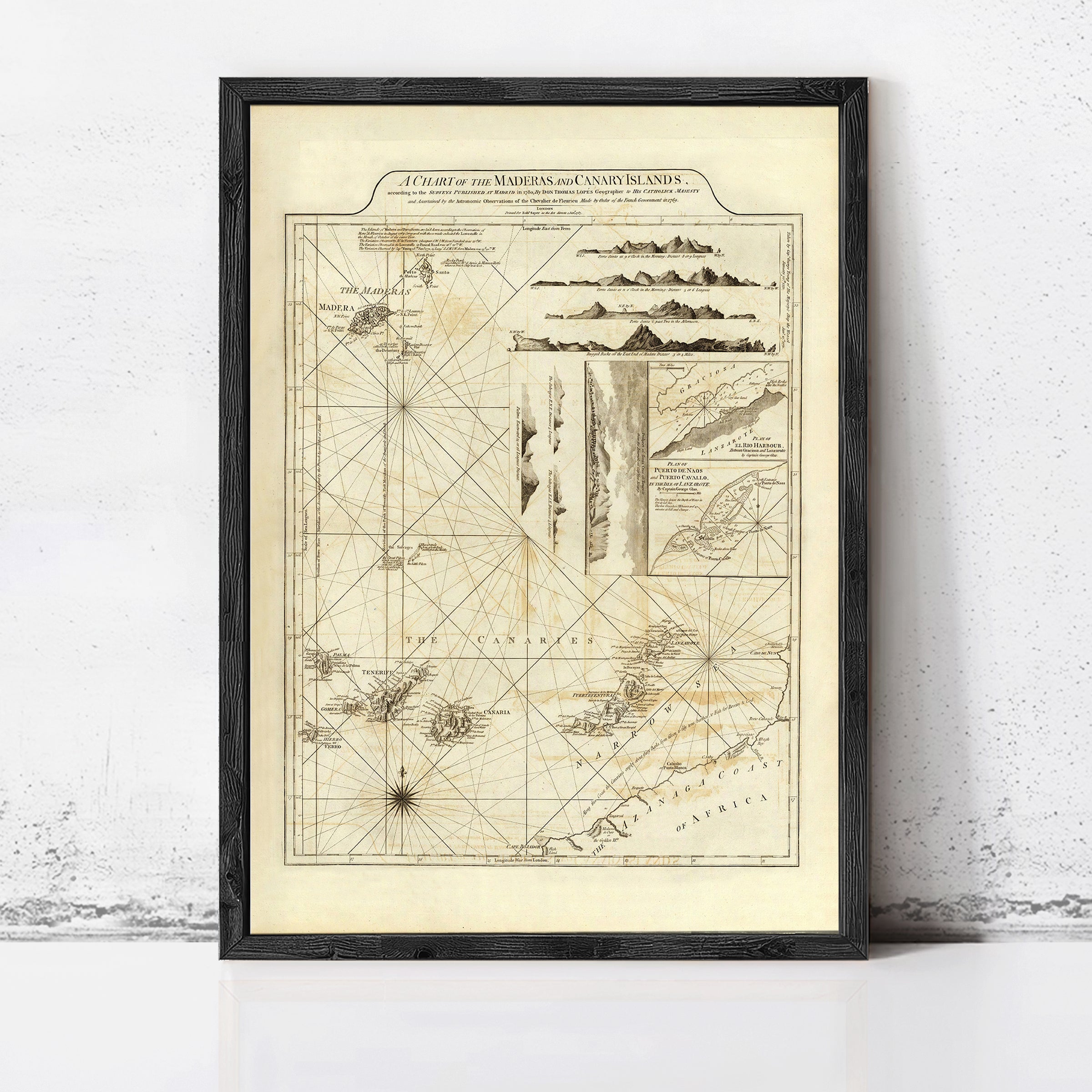 The image is a framed historical map of the Mediterranean and Canary Islands, depicting various geographical features and locations.