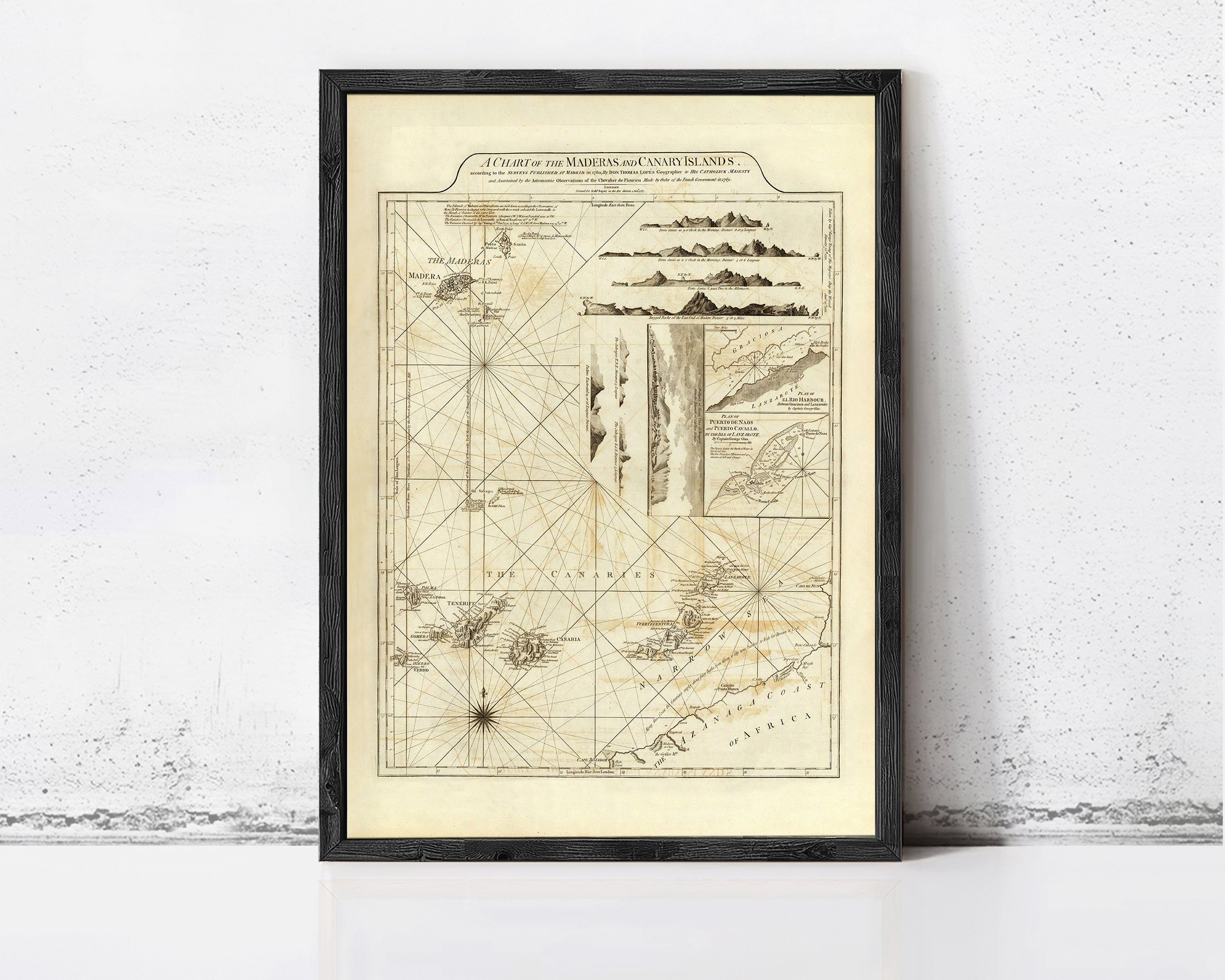 The image is a framed historical map of the Mediterranean and Canary Islands, depicting various geographical features and locations.