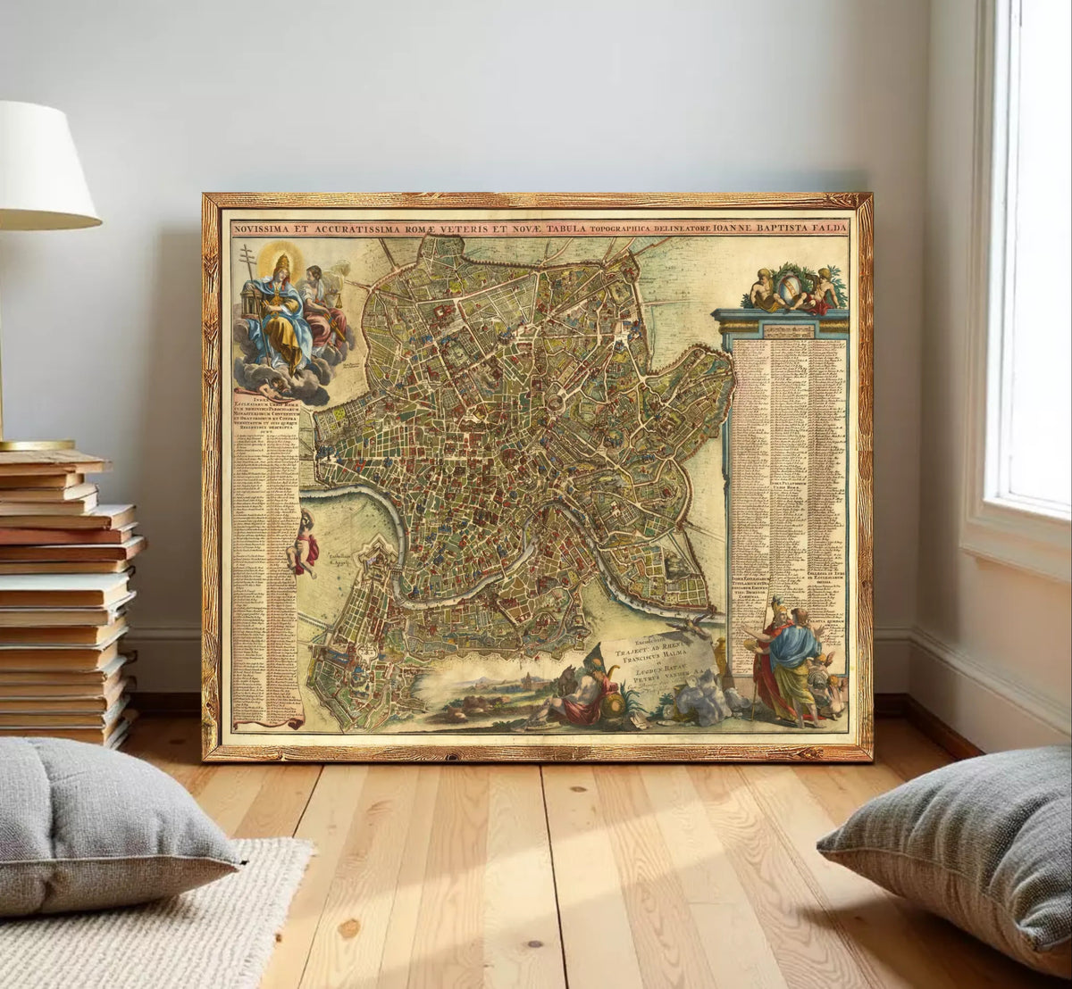 The image is a framed antique map of Rome, Italy, depicting the city's layout and surrounding areas.