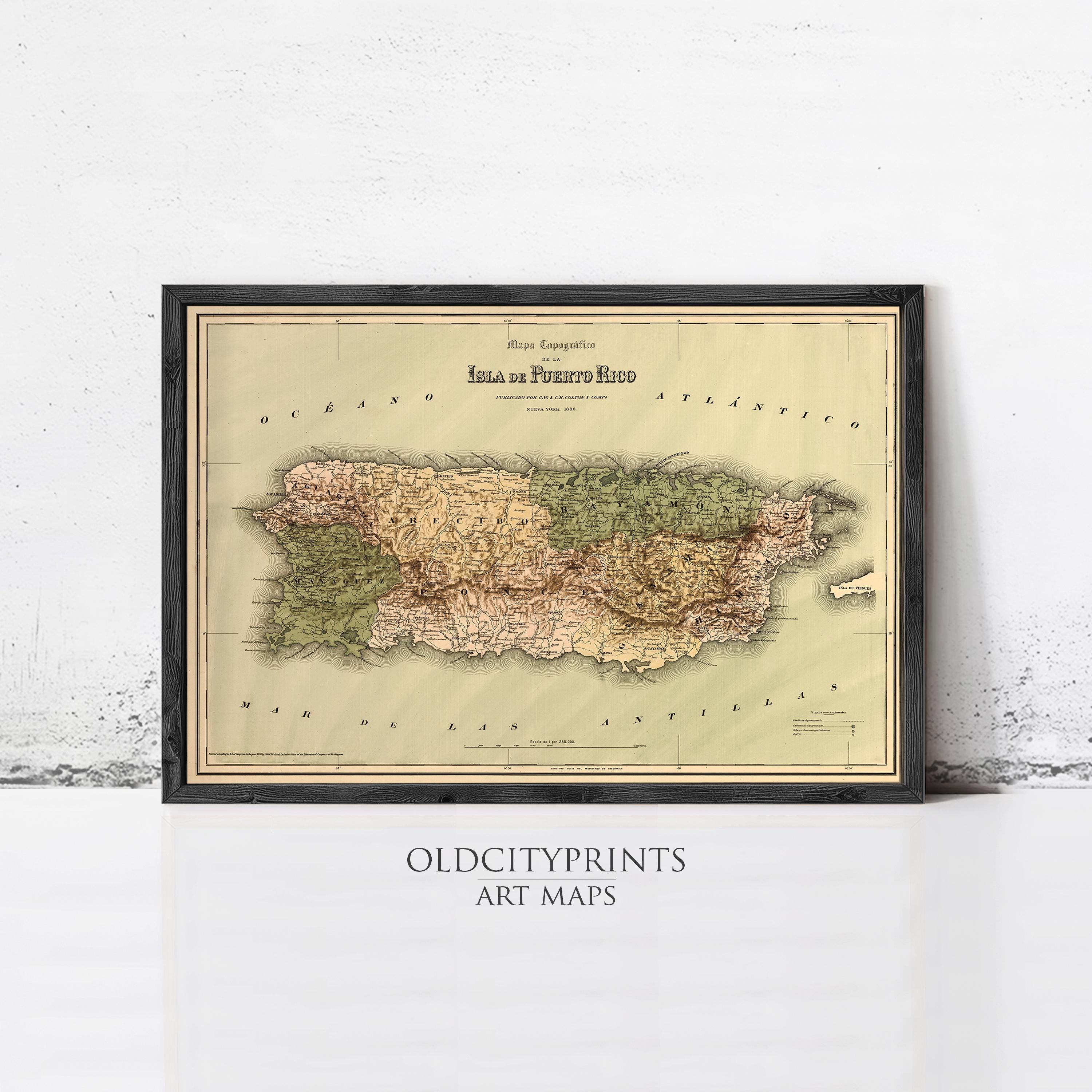 The image is a framed vintage map of Puerto Rico, depicting the island and surrounding areas.
