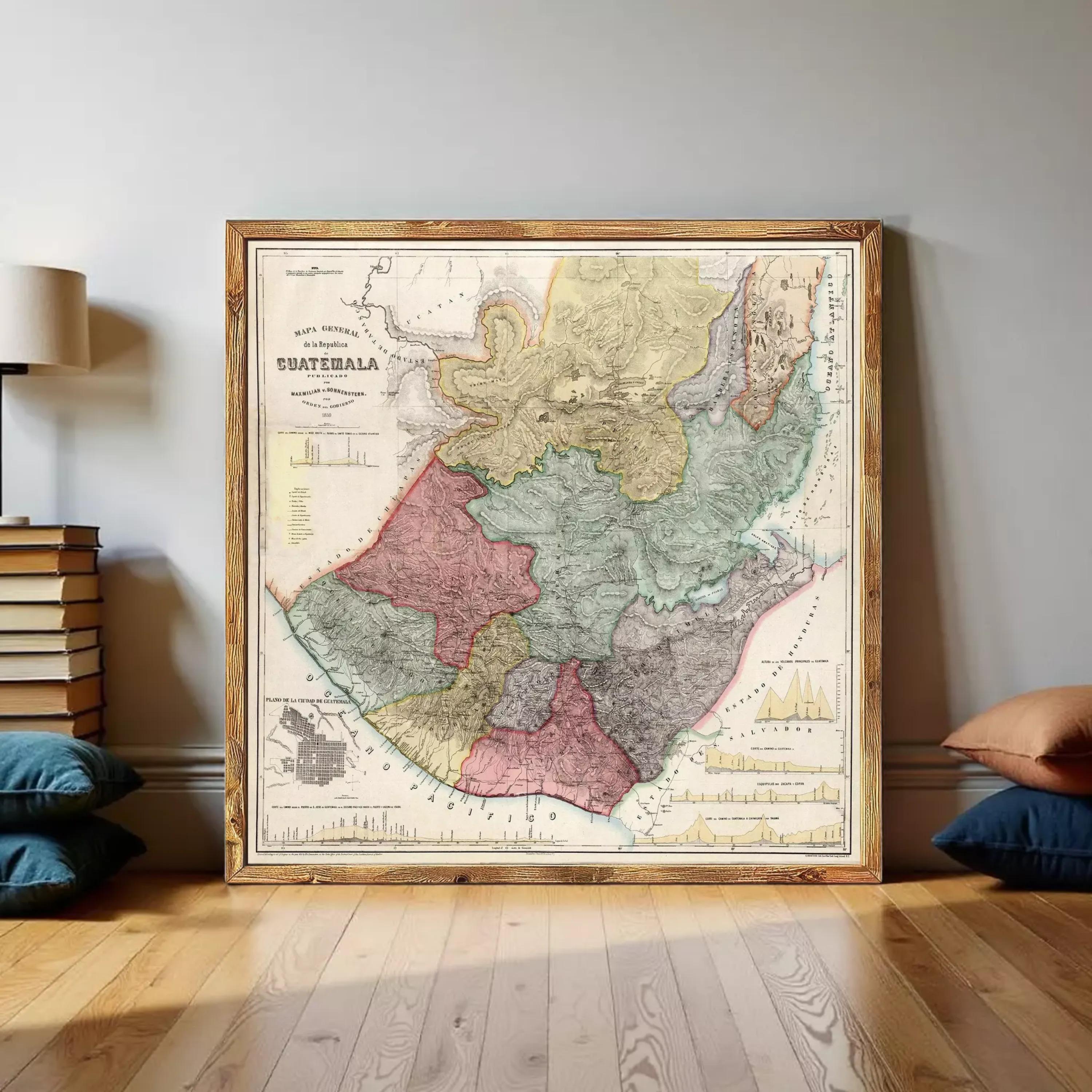 The image is a framed map of Guatemala, depicting the country's geographical layout and boundaries.