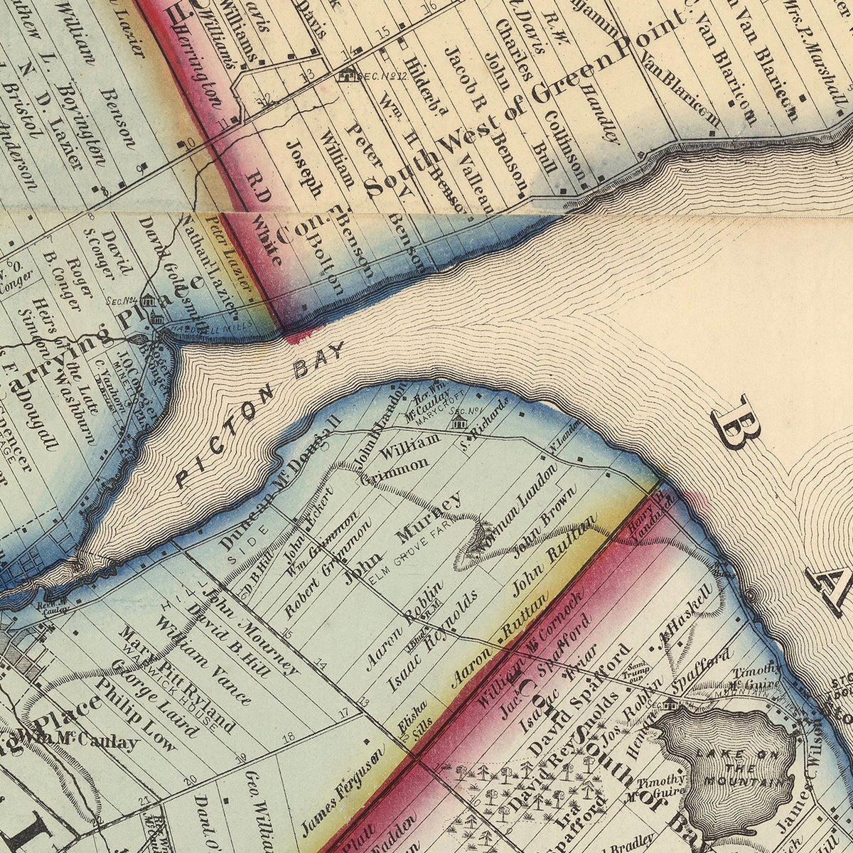 The image is a historical map showing a river or bay with various geographical features and labels.