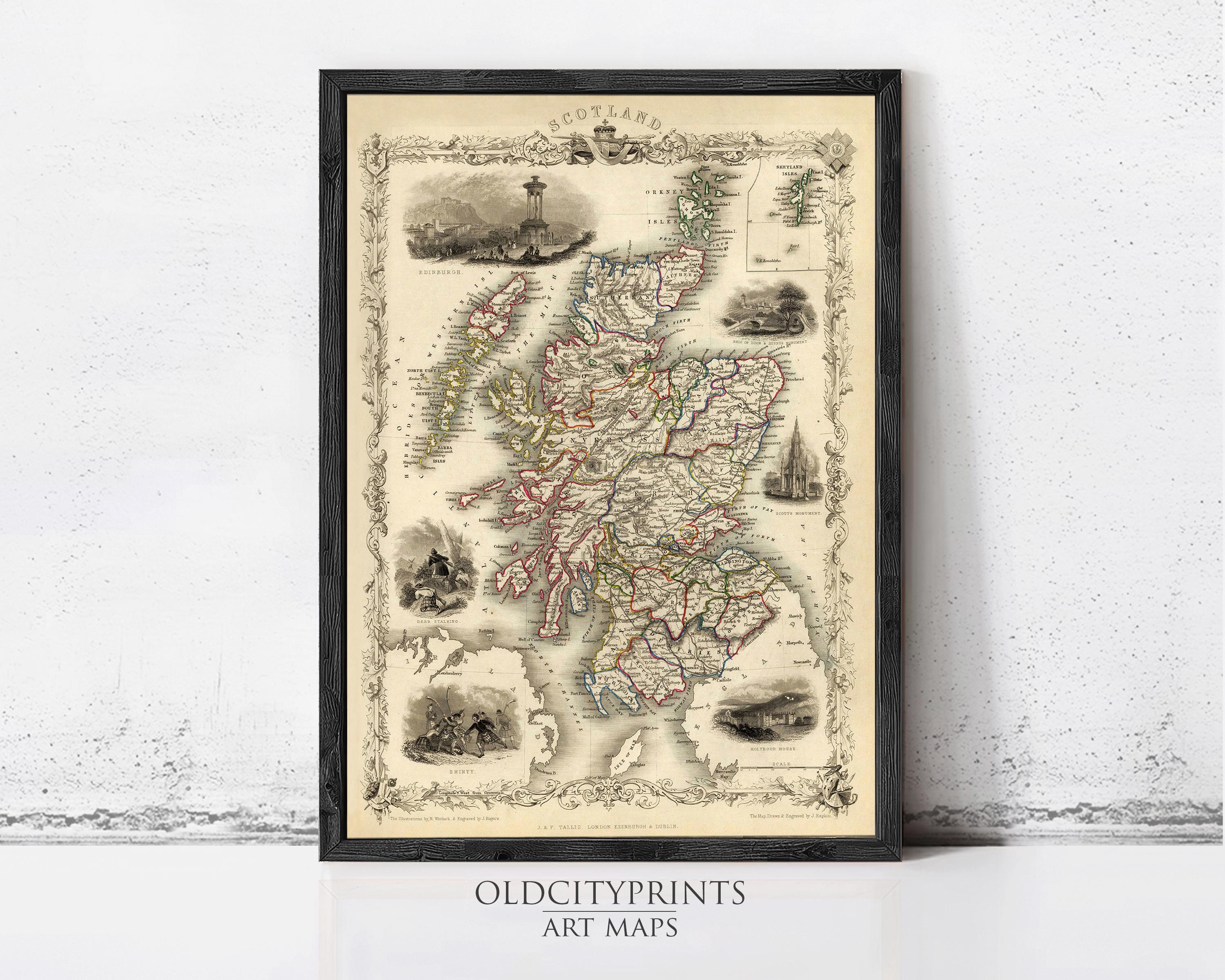 The image is a framed vintage map of Scotland, featuring detailed illustrations and labels.