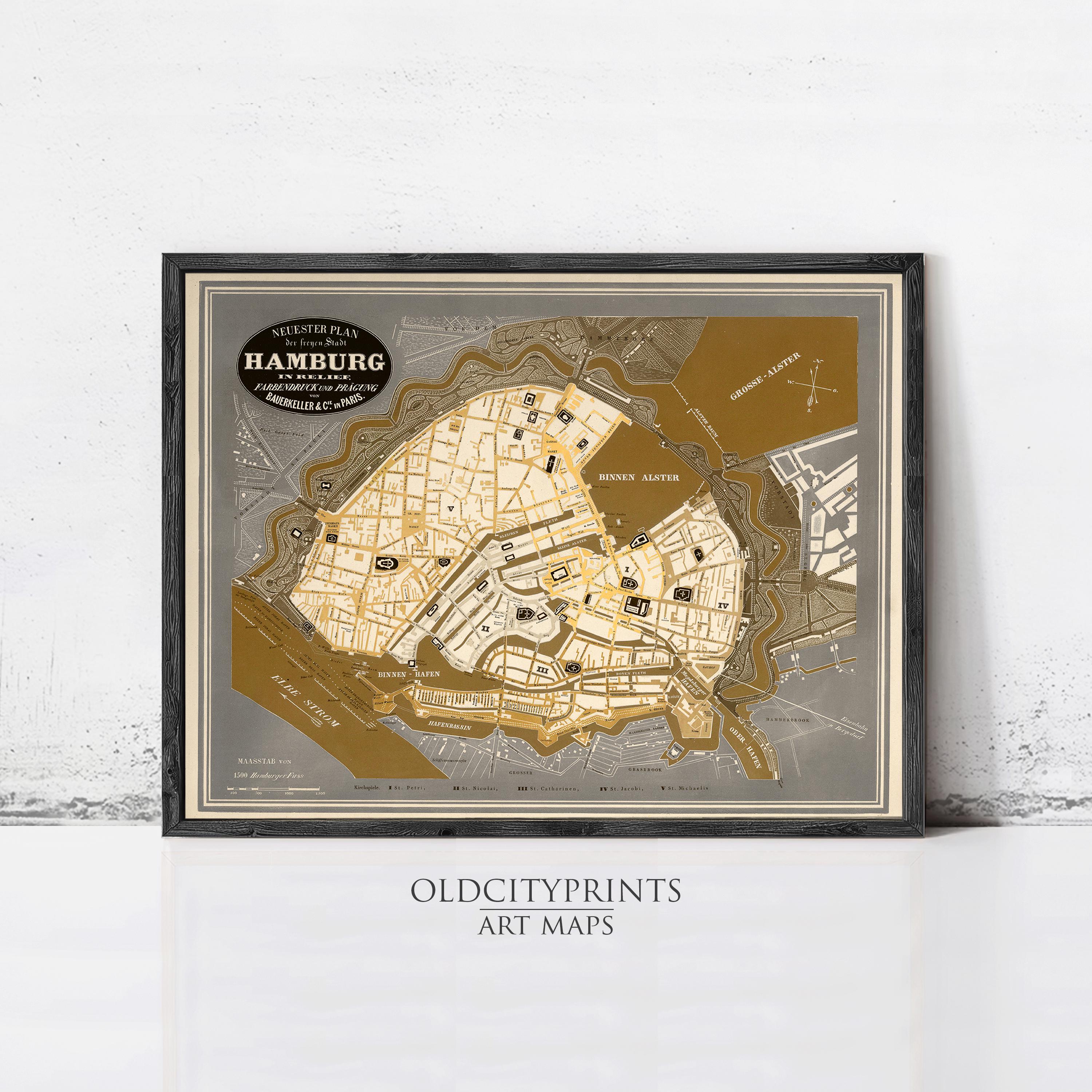 The image is a framed art print depicting a map of Hamburg, Germany.