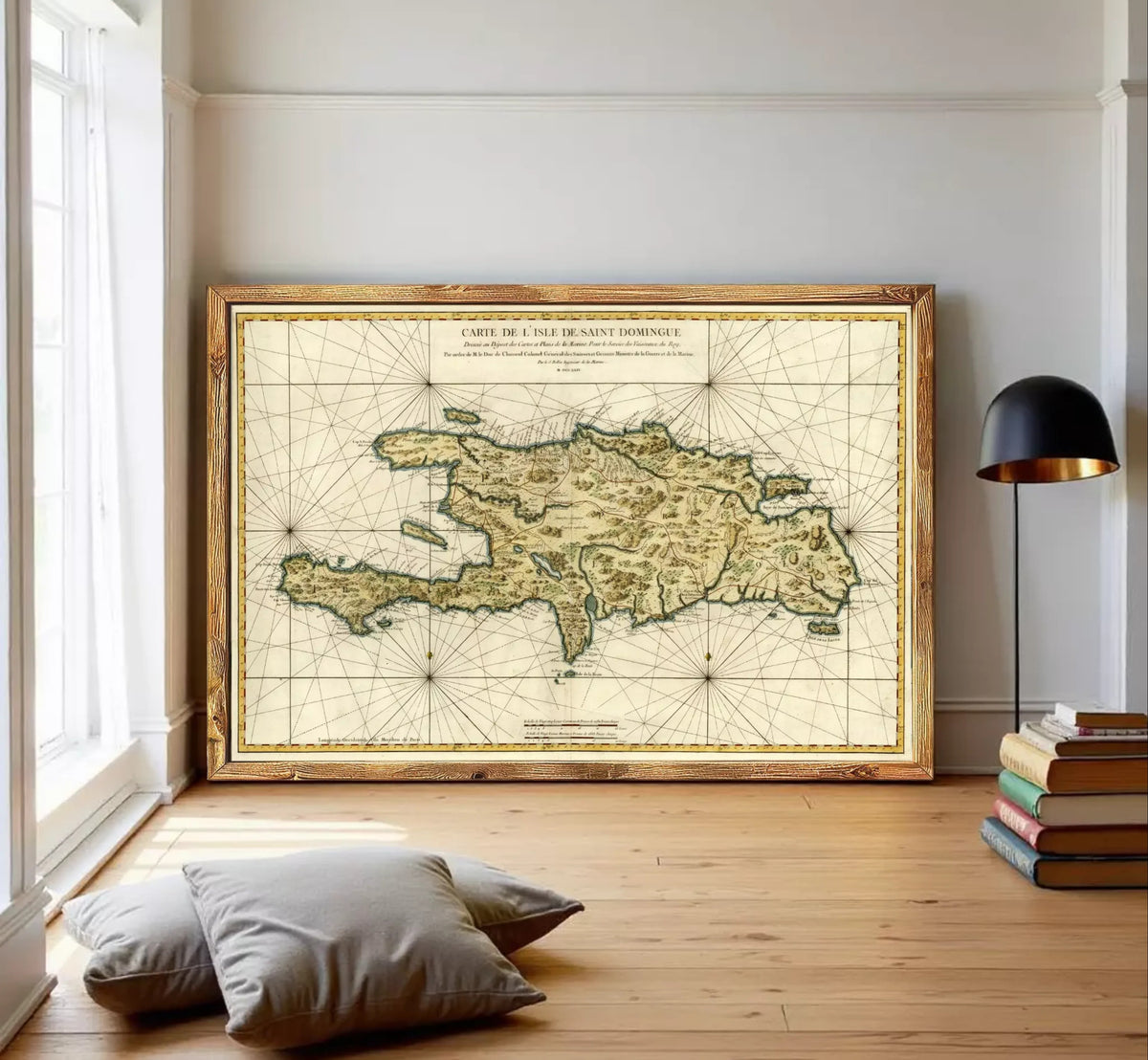 The image is a framed antique map of the island of St. Martin, showing the surrounding waters and landmasses.
