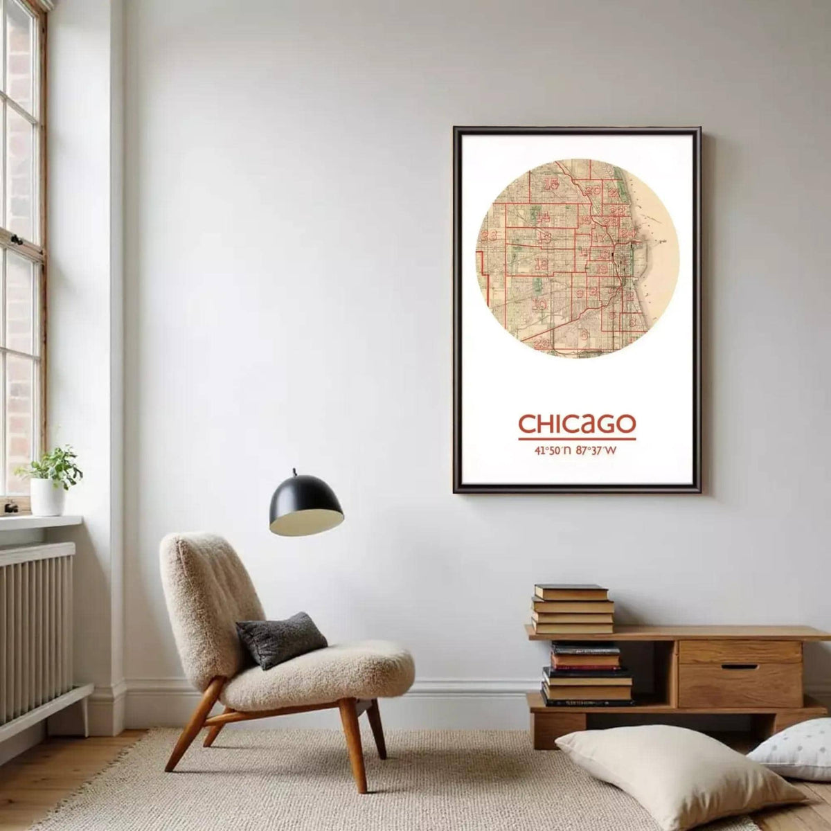a living room with a chair, a lamp, and a bookshelf. There is a framed map of Chicago hanging on the wall, and a potted plant is located next to the chair.