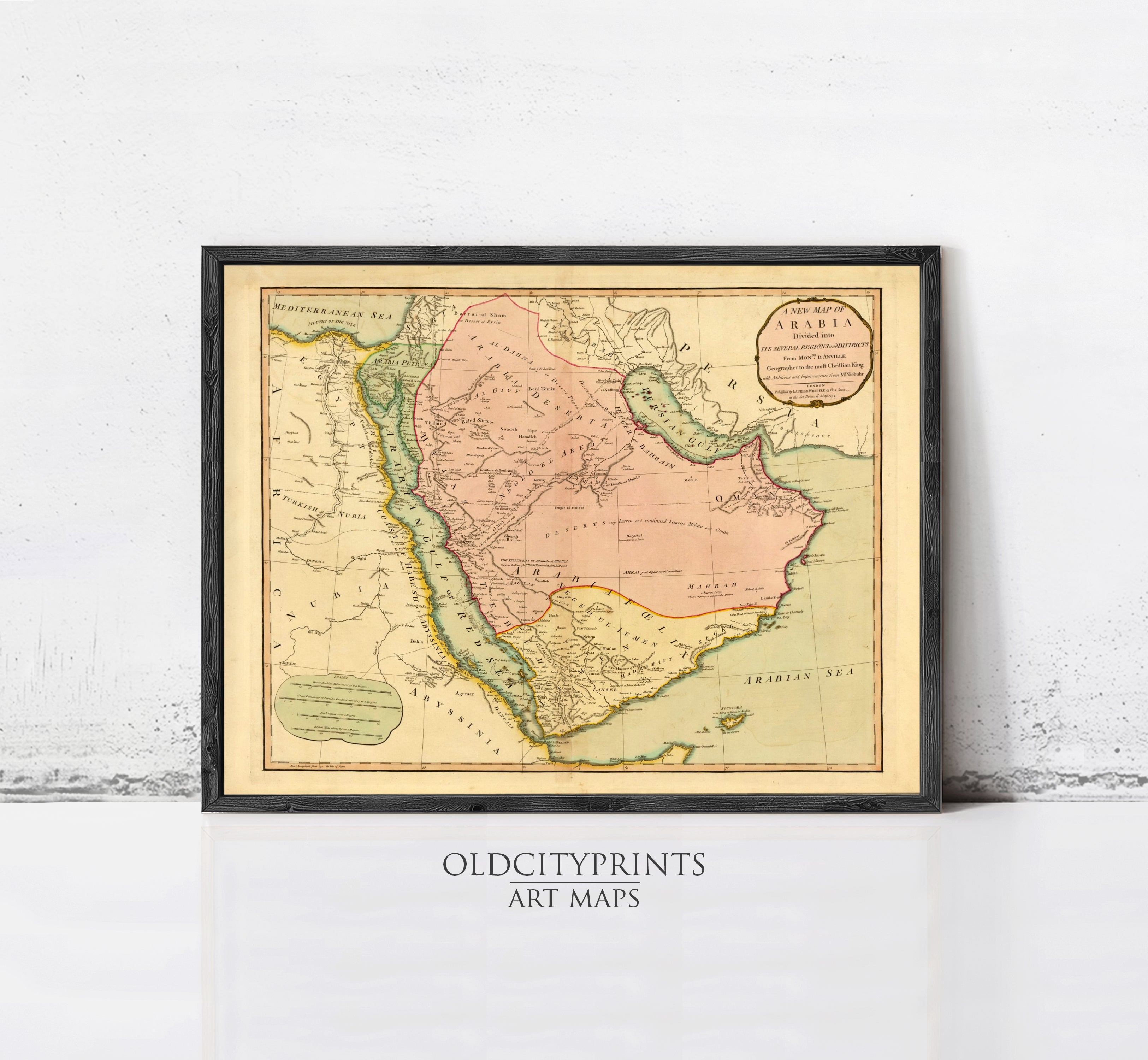 The image is a framed vintage map of the Middle East and North Africa, depicting the region in a detailed and colorful manner.