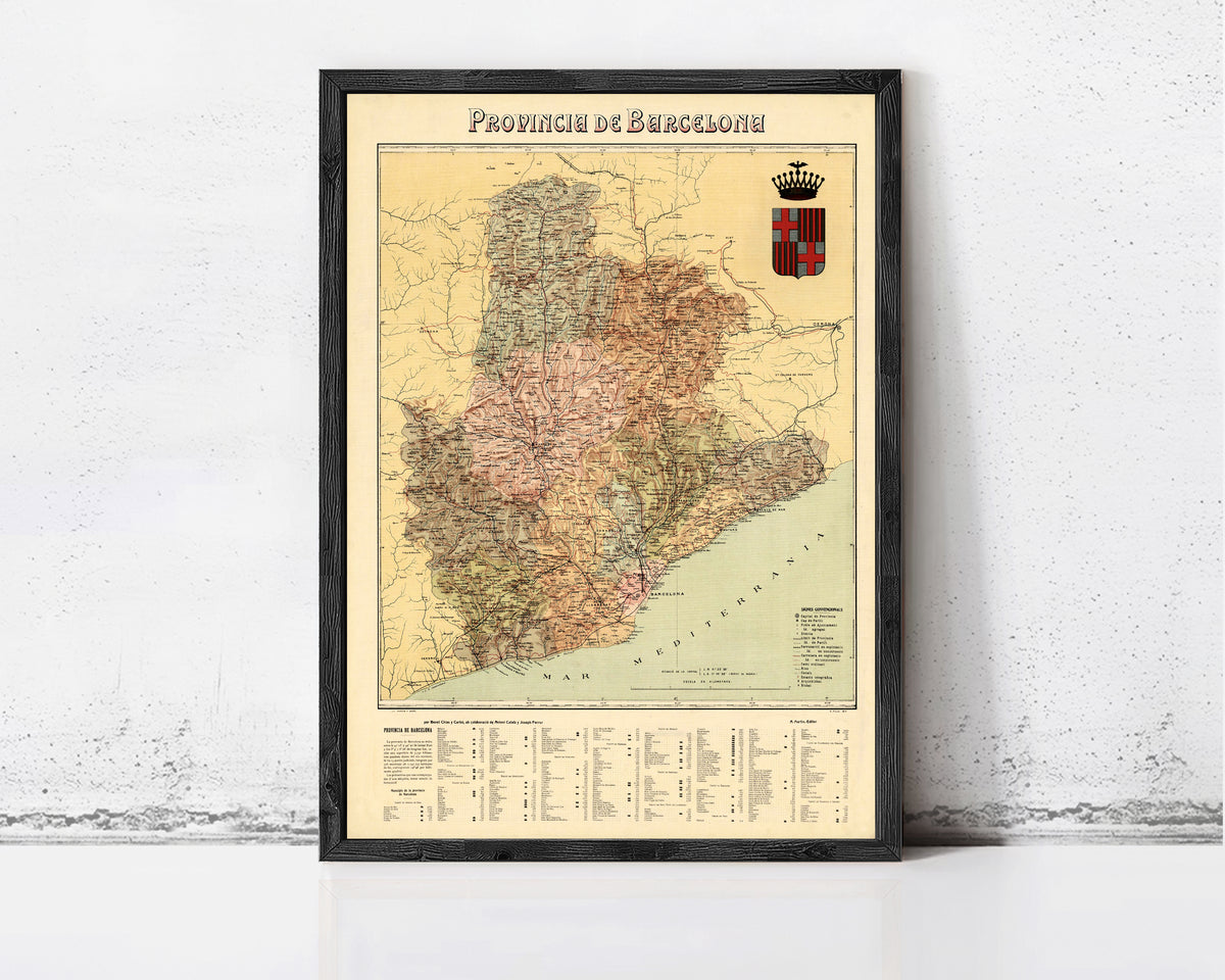 The image is a framed map of the Provincias de Barcelona, Spain, with a coat of arms on the right side.