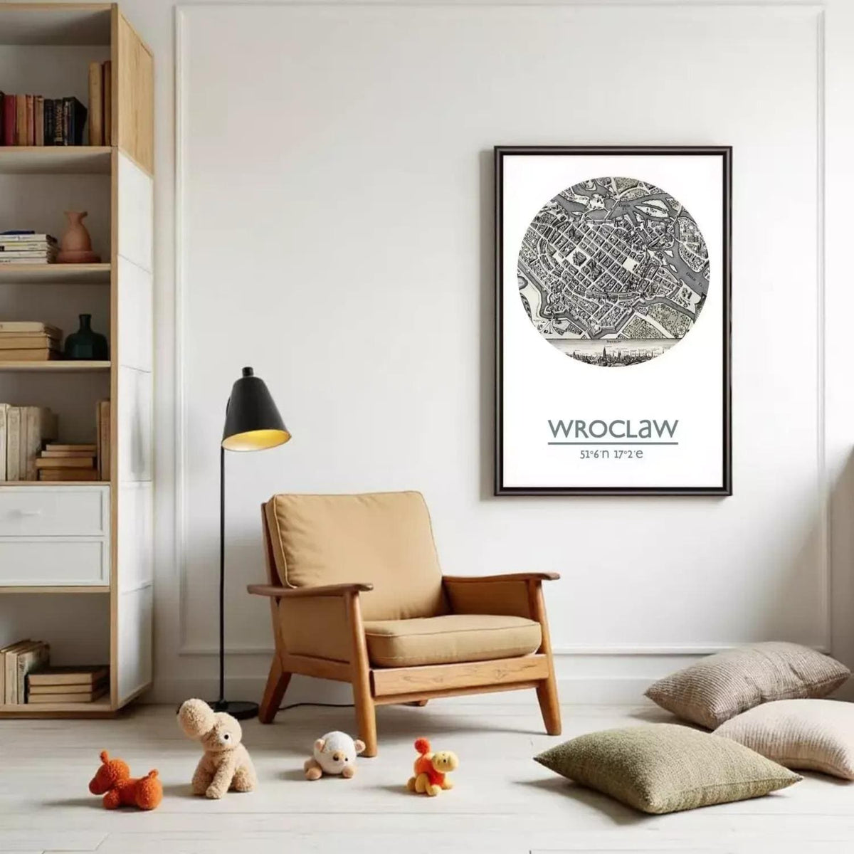 a cozy living room with a wooden chair, a lamp, and a framed map of Wrocław, Poland, which is the capital city of Poland. The room also contains a bookshelf filled with books and various knick-knacks, as well as a collection of stuffed animals.