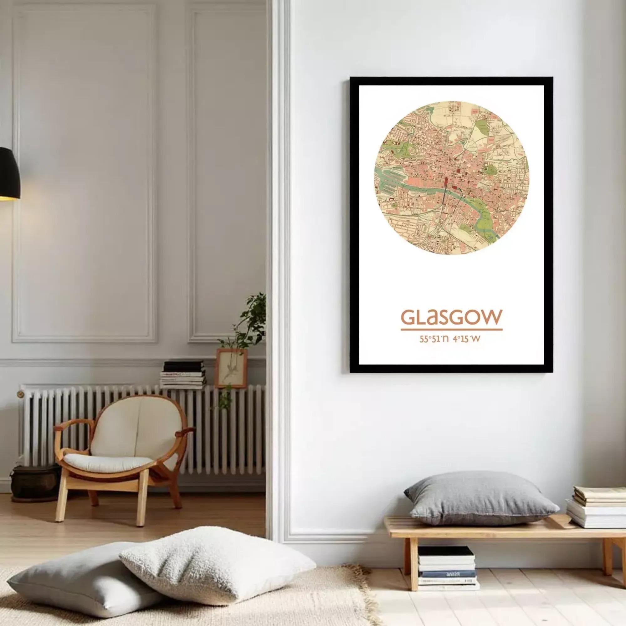 a cozy living room with a large framed map of Glasgow hanging on the wall, a wooden bench, a chair, and a bookshelf filled with books.