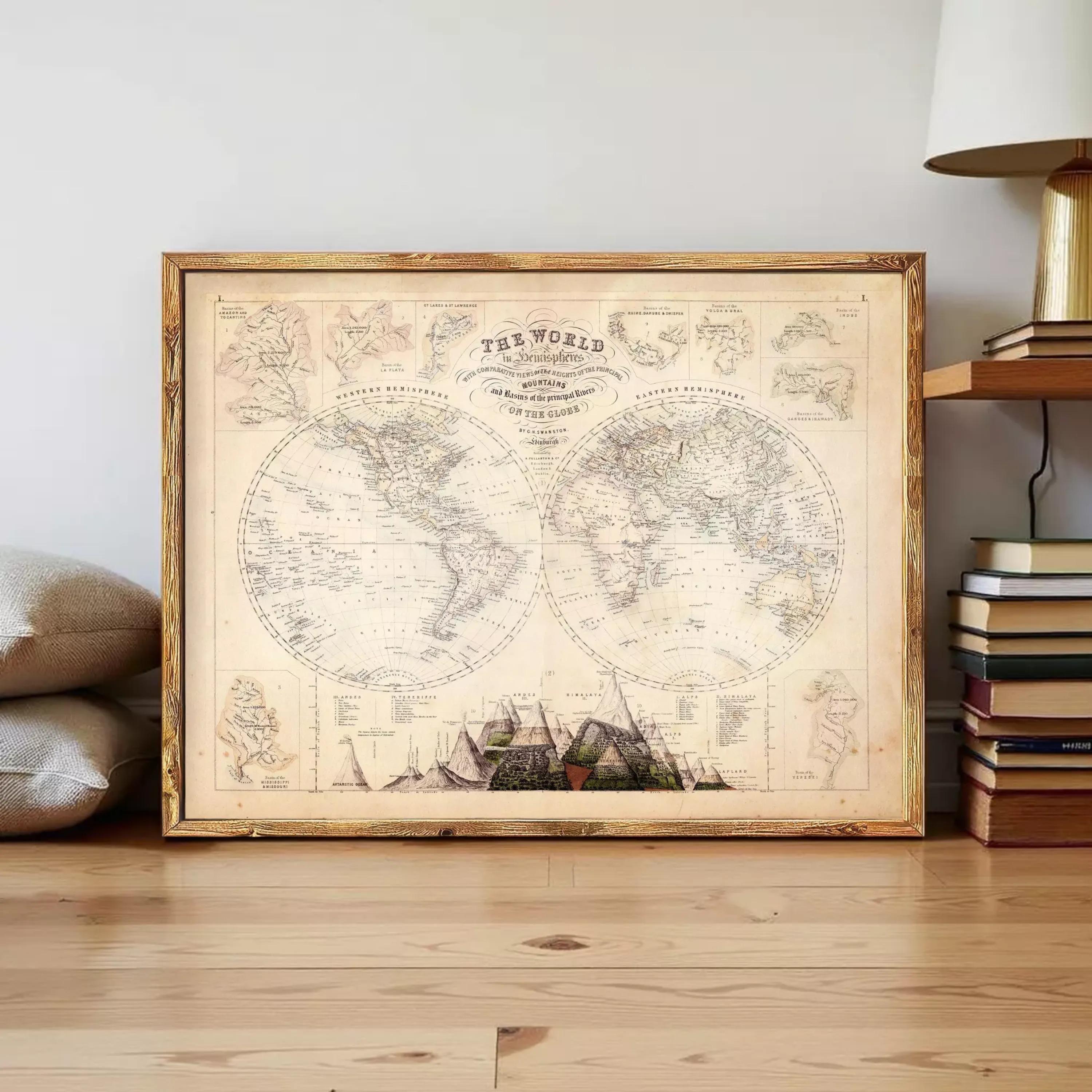 The image is a framed vintage map of the world, featuring detailed illustrations and labels.