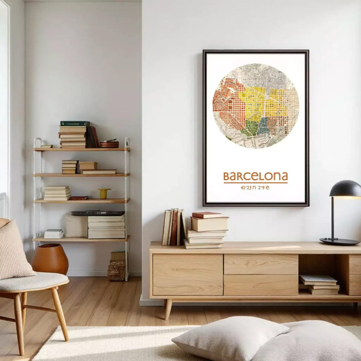 a modern living room with a wooden bookshelf, a wooden cabinet, and a framed poster of a map of Barcelona hanging on the wall.
