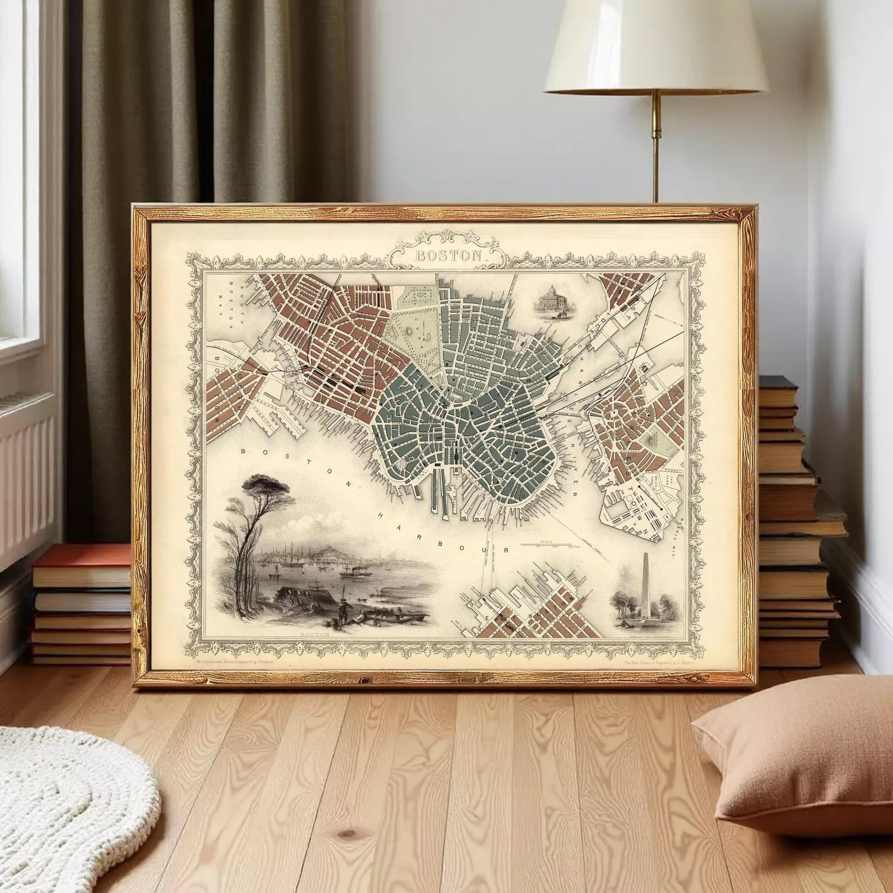 The image is a framed vintage map of Boston, Massachusetts, depicting the city's streets and landmarks.