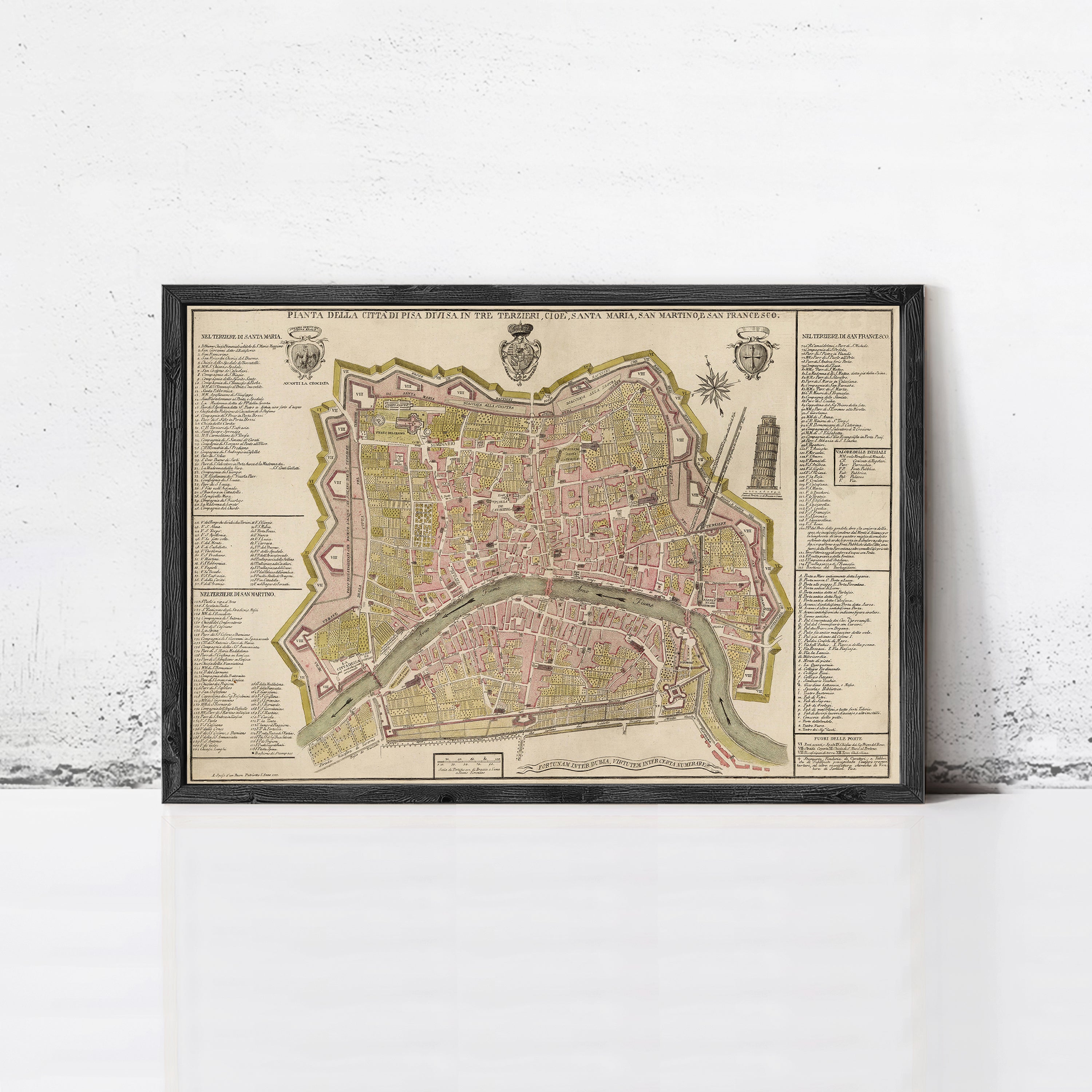The image is a framed map of a city, likely Paris, with detailed labels and a color scheme of green, yellow, and brown.