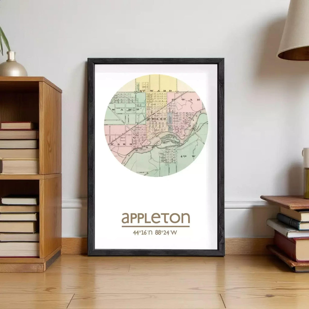 The image is a framed print of a map of Appleton, Wisconsin, with the location's coordinates and a description of the map.