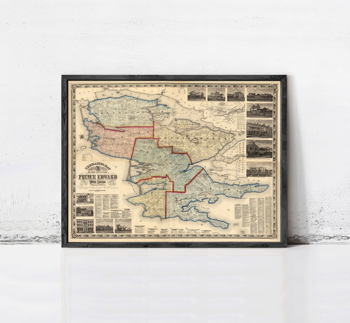The image is a framed antique map of the Prince Edward Island, Canada, depicting the region in a vintage style.