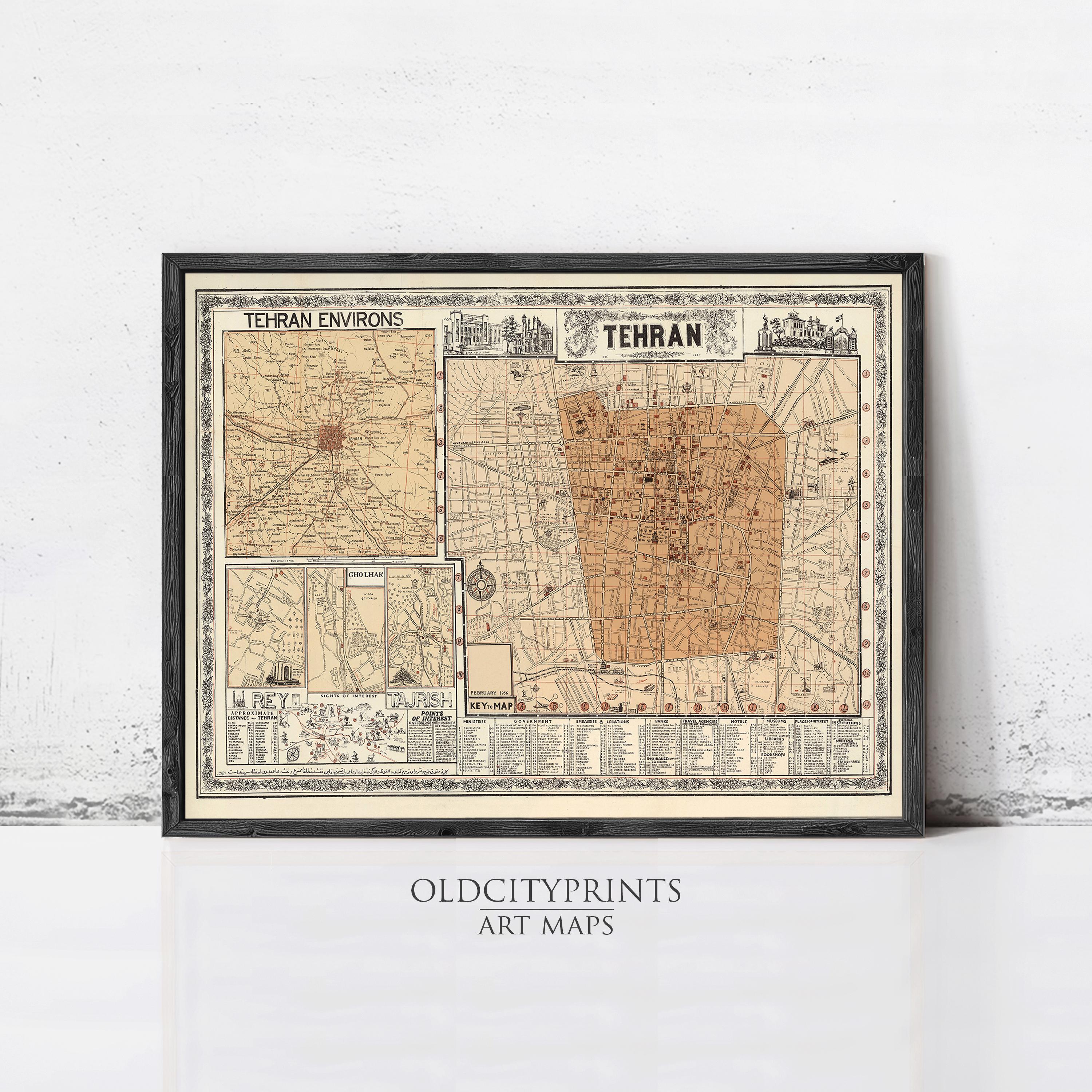 The image is a framed vintage map of Tehran, Iran, depicting the city's streets and landmarks.