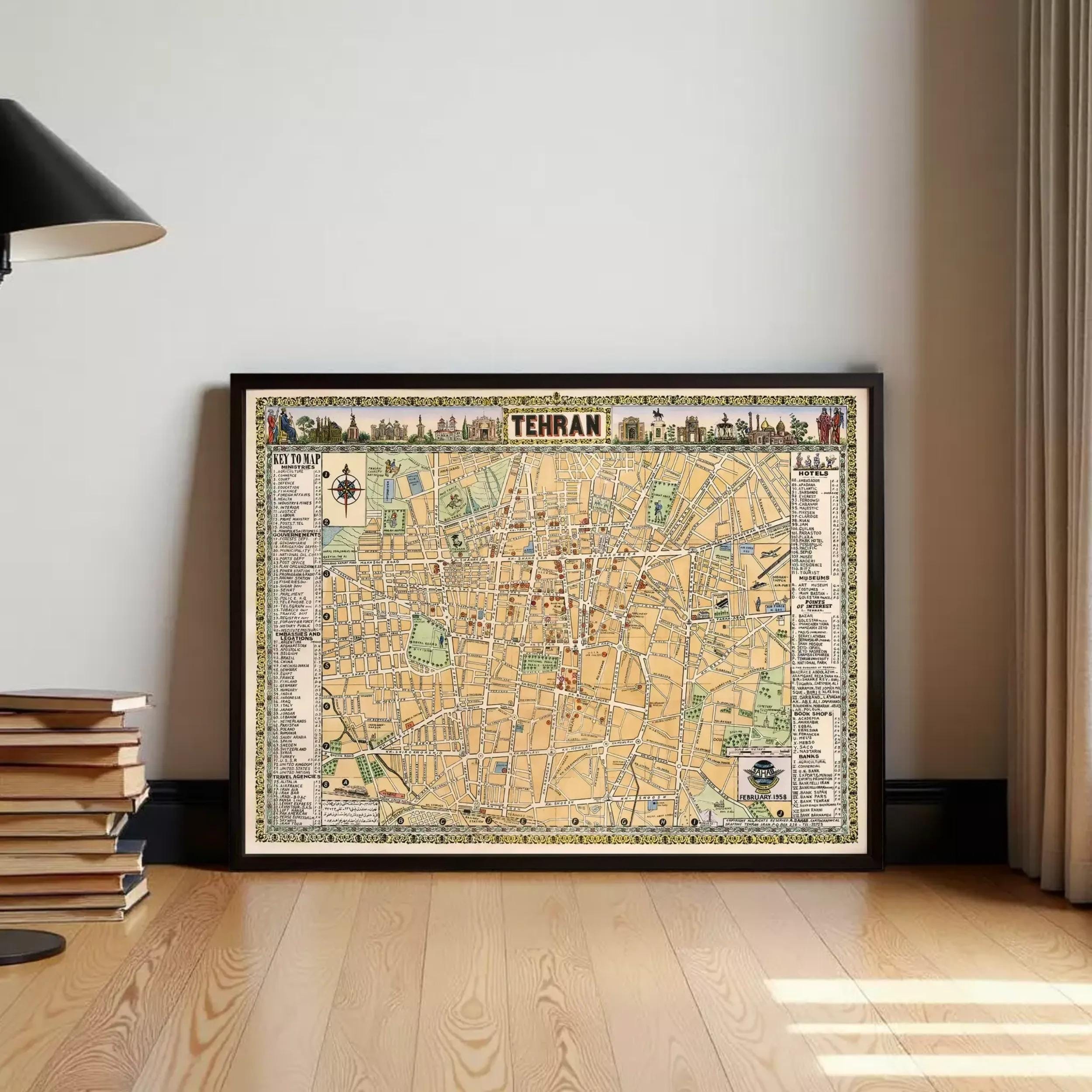 a framed map of Tehran, a city in Iran, displayed on a wall.