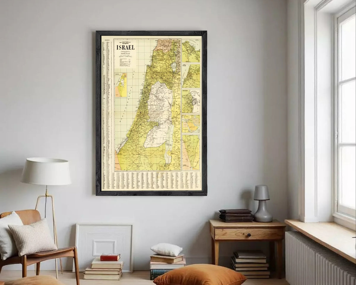 The image is a framed vintage map of Israel, depicting the country's geographical layout and boundaries.