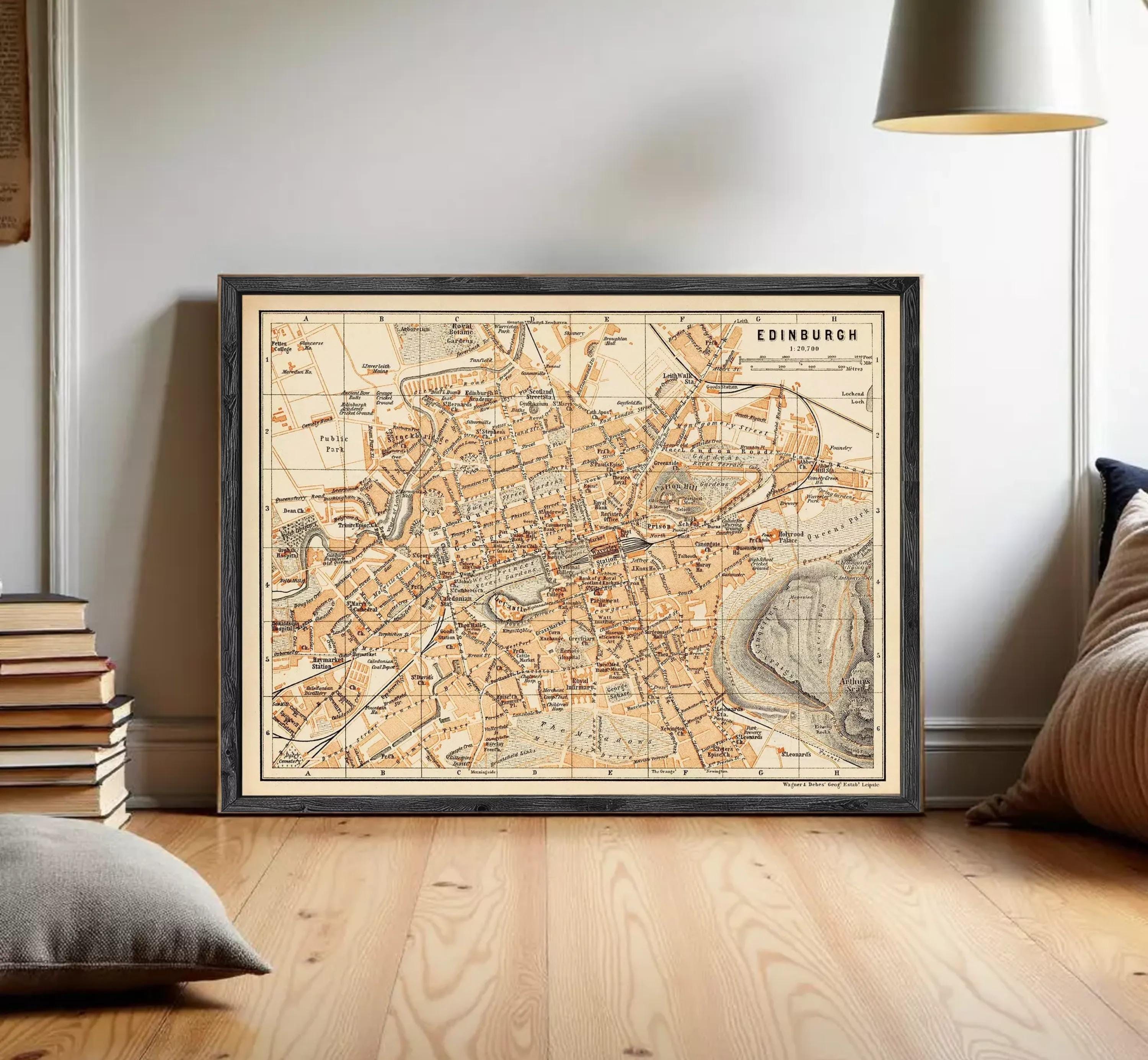 The image is a framed vintage map of Edinburgh, Scotland, depicting the city's layout and surrounding areas.