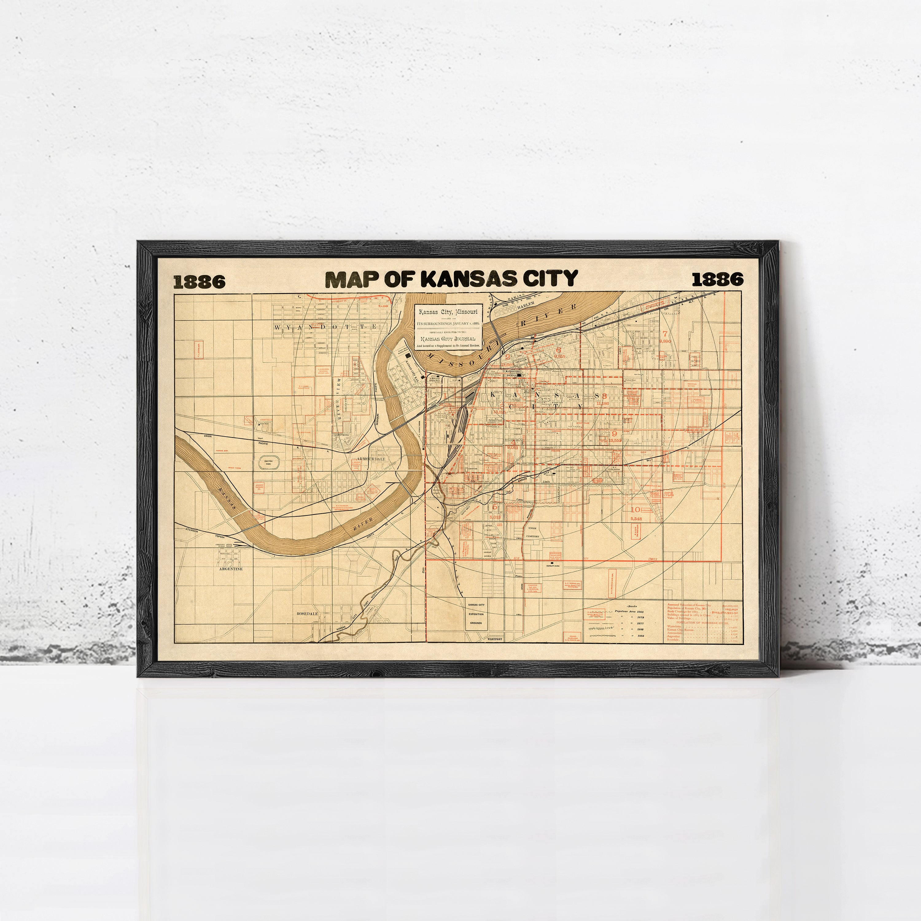 The image is a framed map of Kansas City, Missouri, dated 1866.